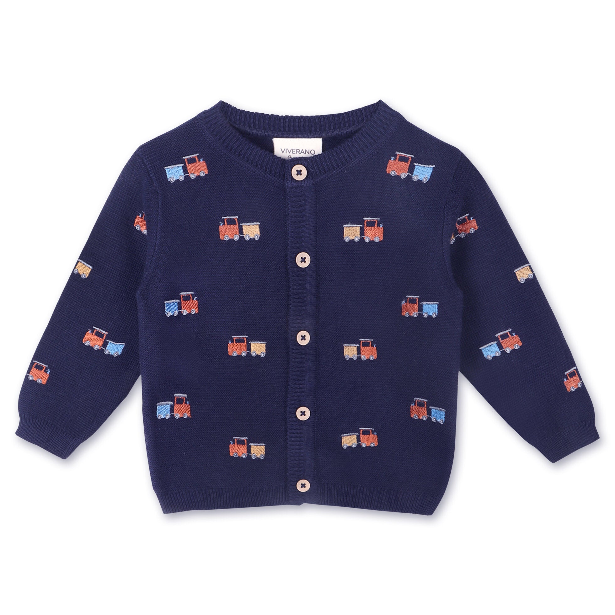 Train Embroidered Button Cardigan Baby Sweater (Organic Cotton)