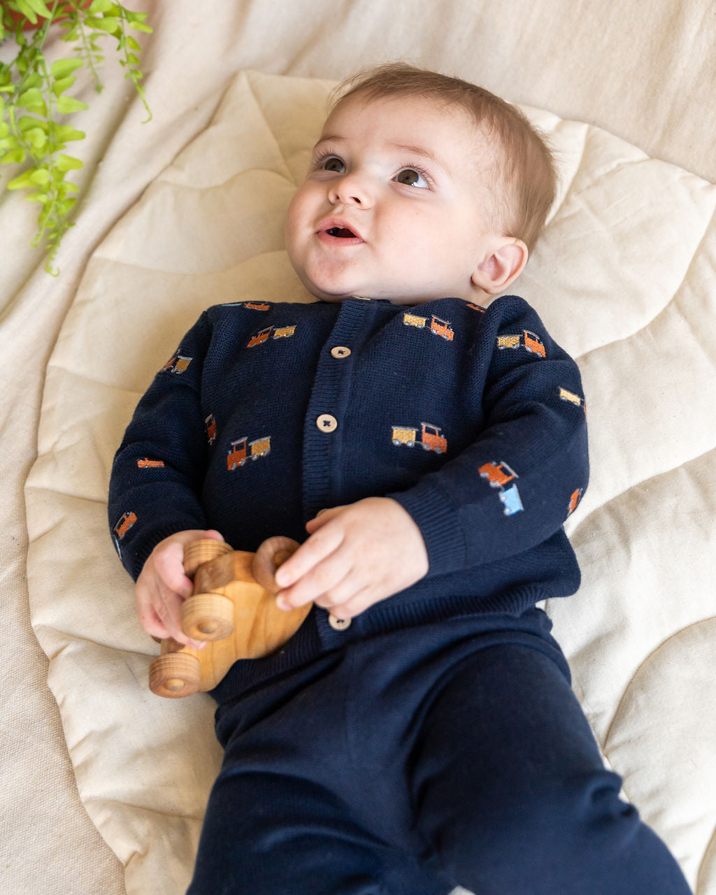 Train Embroidered Button Cardigan Baby Sweater (Organic Cotton)