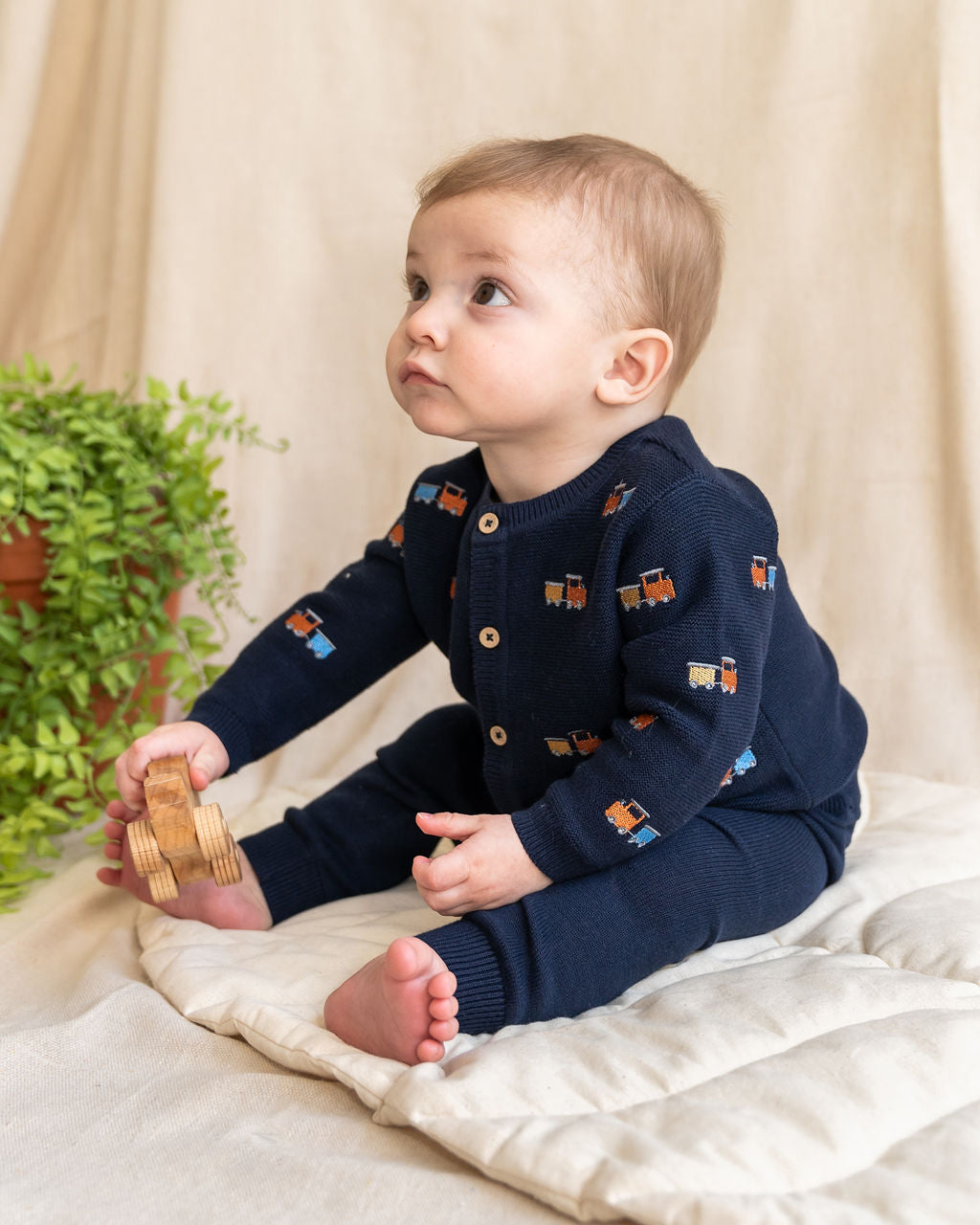 Train Embroidered Button Cardigan Baby Sweater (Organic Cotton)