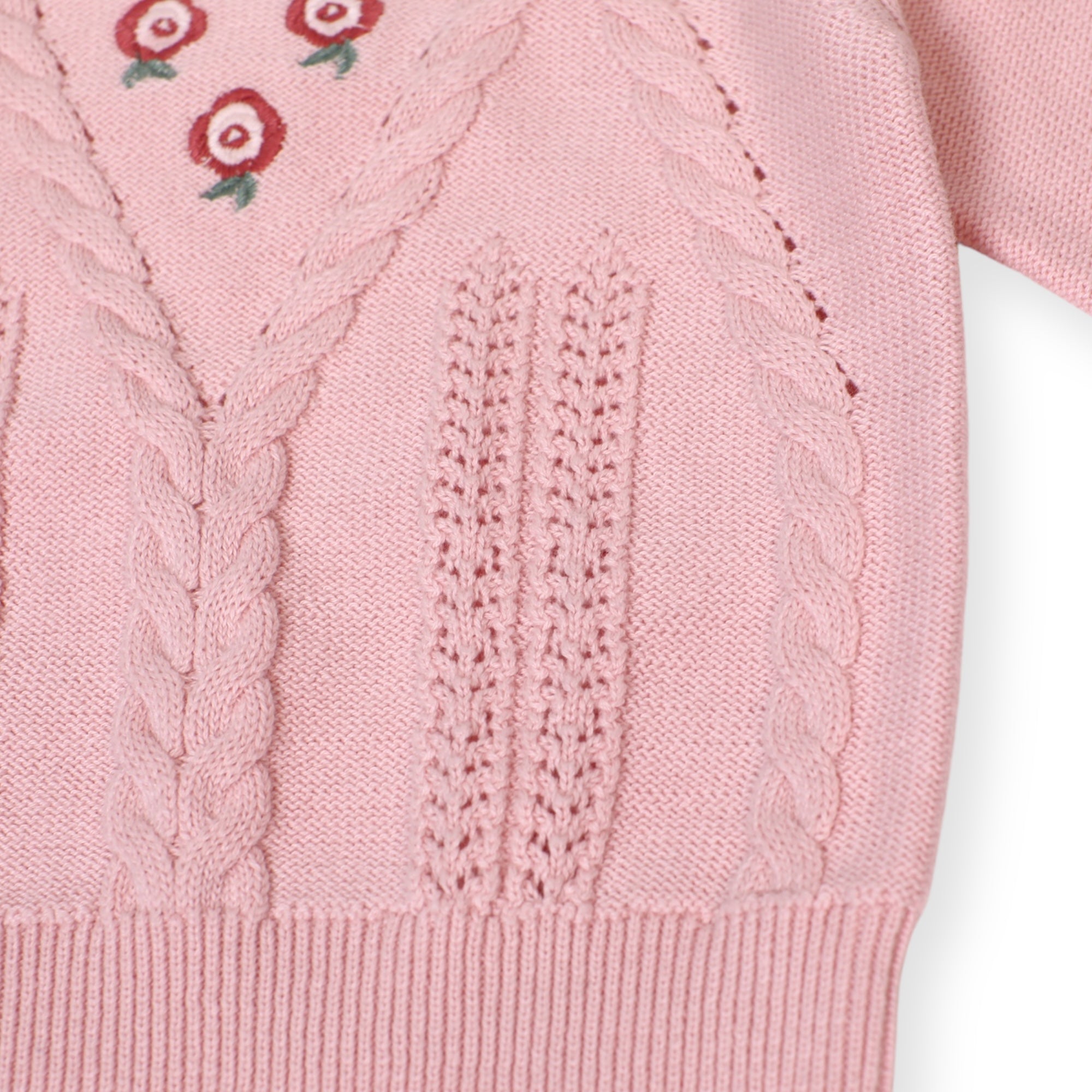 Floral Embroidered Cable Knit Baby Sweater Pullover (Organic Cotton)