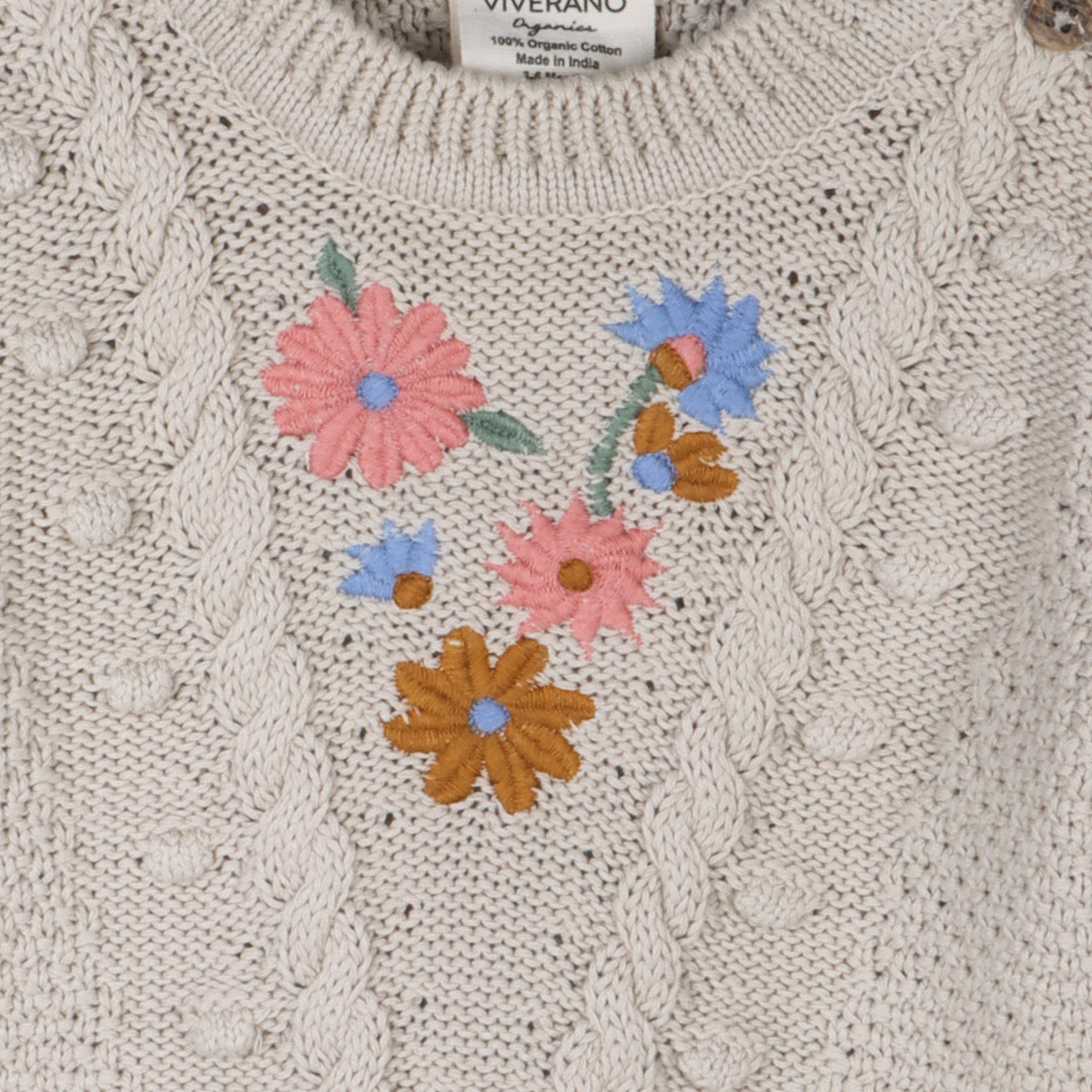 Floral Embroidered Chunky Knit Baby Pullover Sweater (Organic Cotton) 