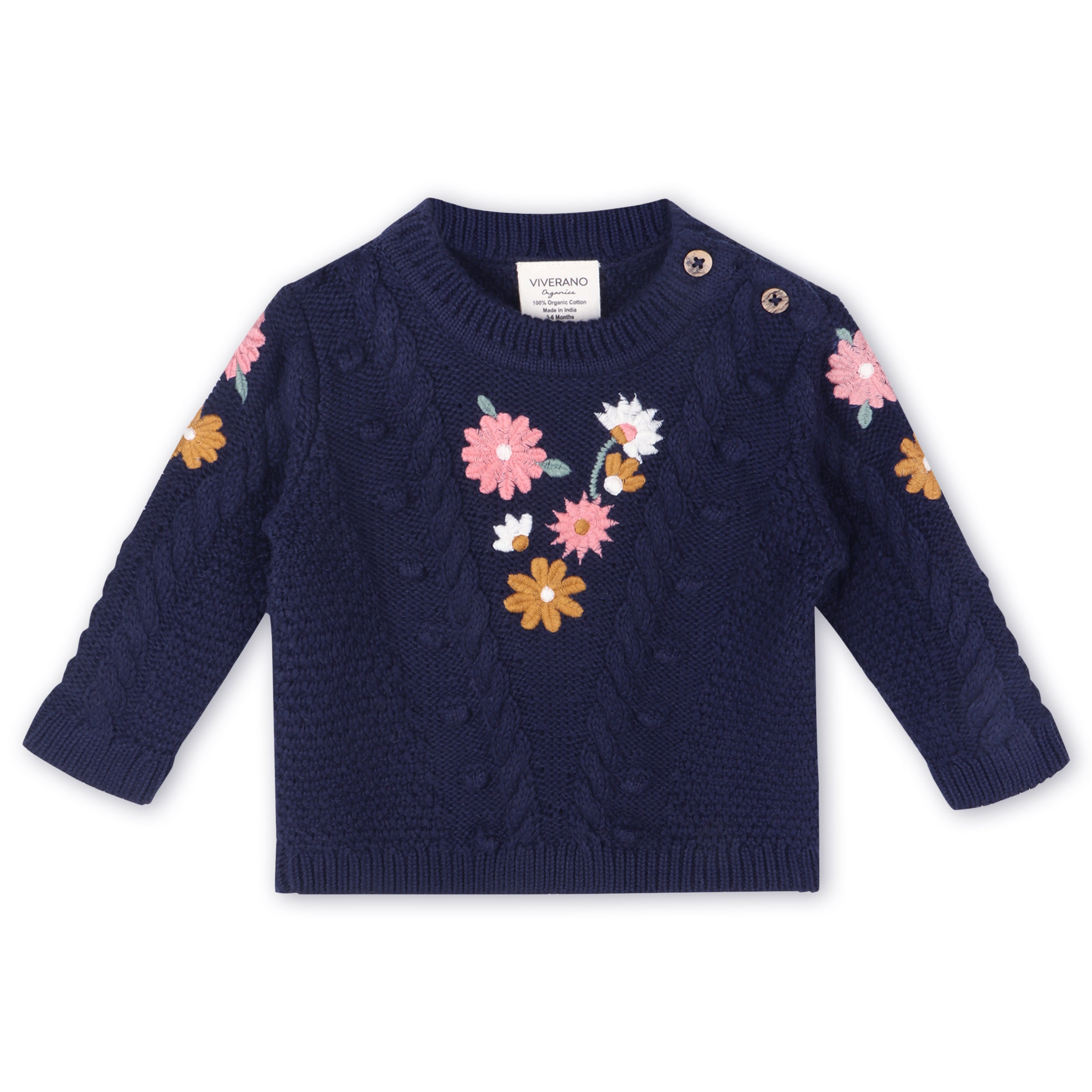 Floral Embroidered Chunky Knit Baby Pullover Sweater (Organic Cotton) 