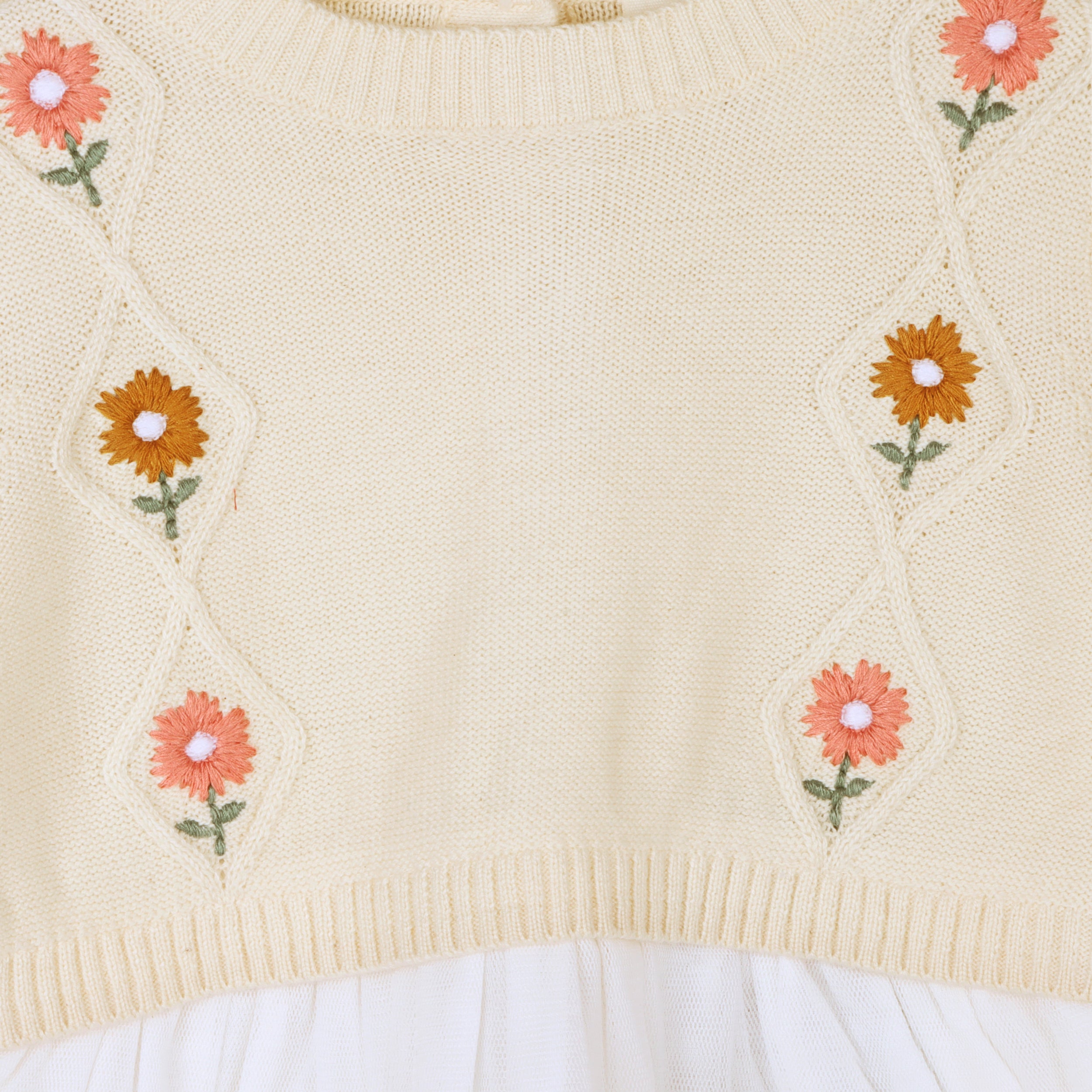 Floral Embroidered Cable Knit Tutu Baby Dress (Organic Cotton)