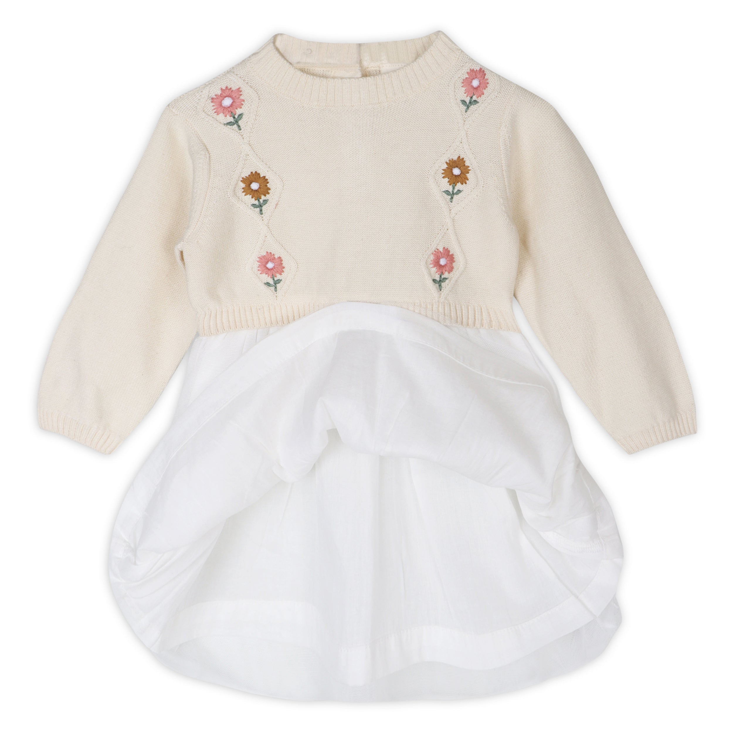 Floral Embroidered Cable Knit Tutu Baby Dress (Organic Cotton)