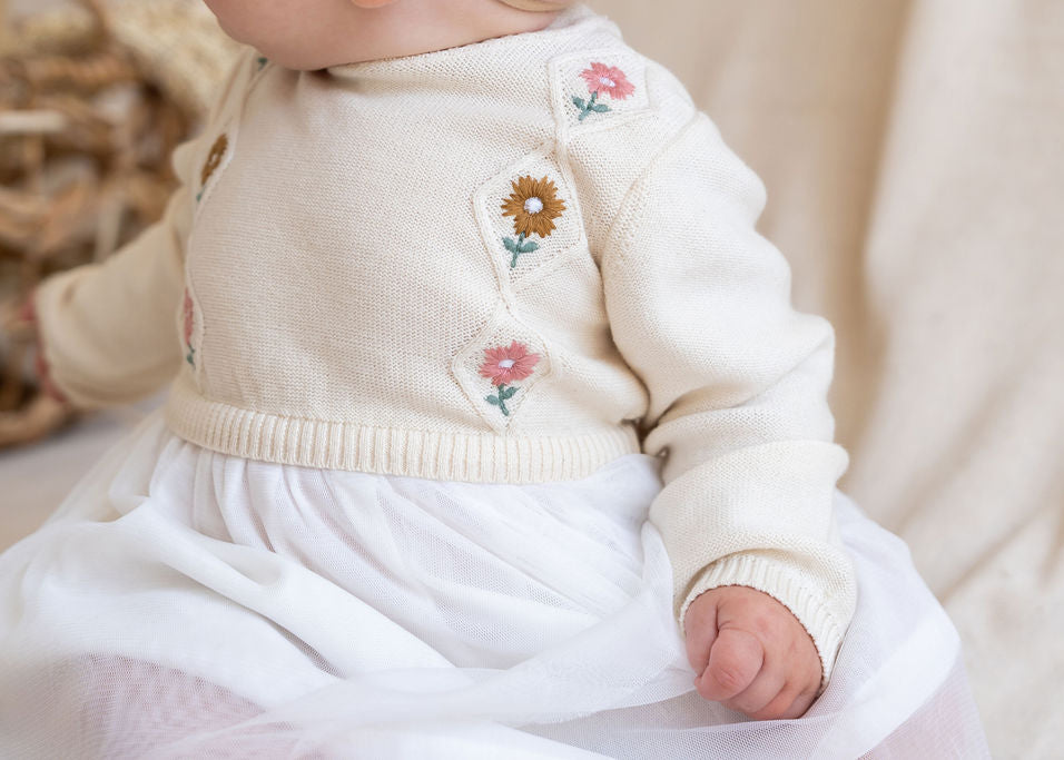 Floral Embroidered Cable Knit Tutu Baby Dress (Organic Cotton)