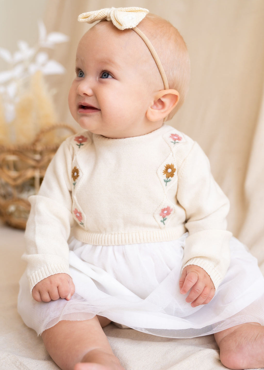 Floral Embroidered Cable Knit Tutu Baby Dress (Organic Cotton)