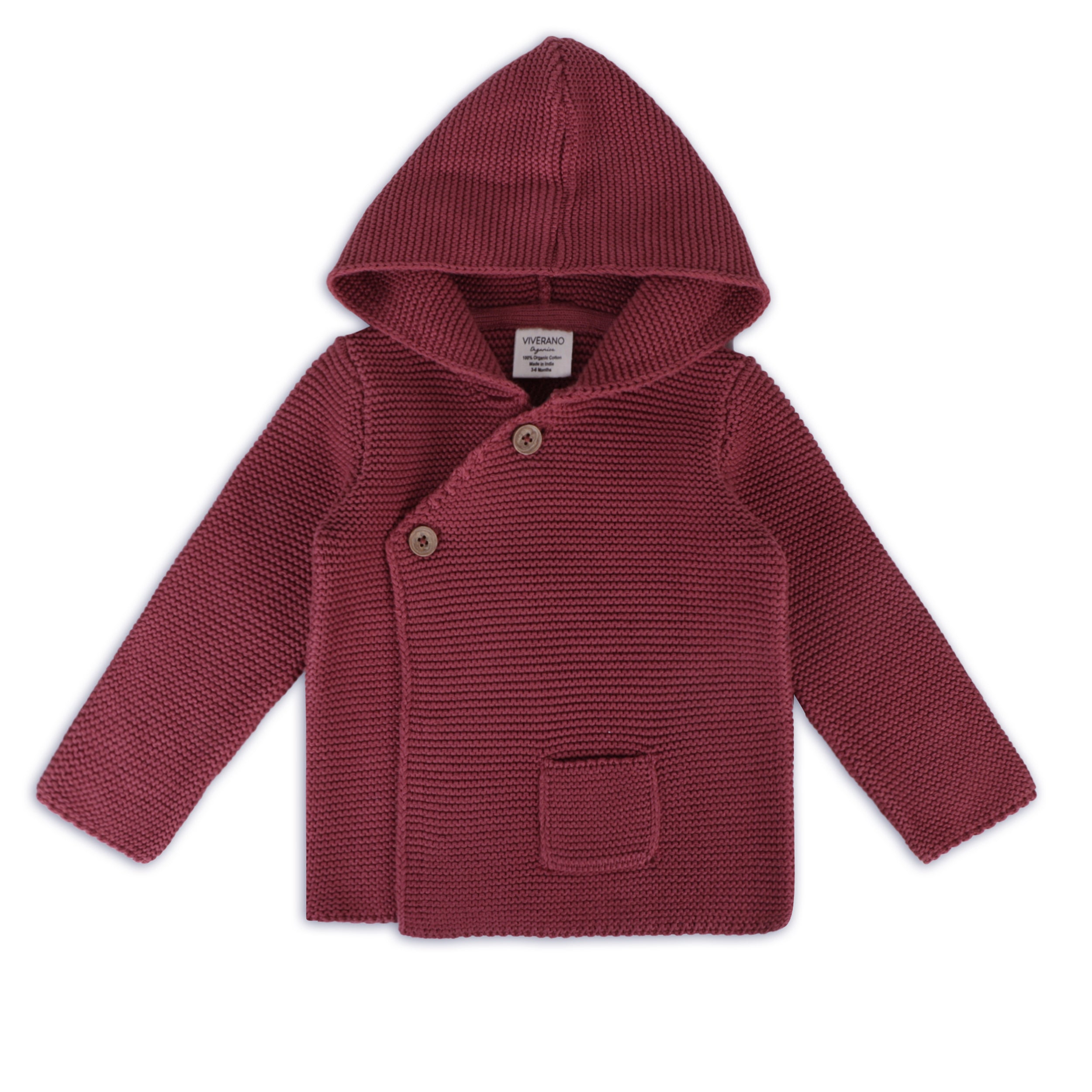 Hooded Button & Pocket Sweater Knit Baby Jacket (Organic Cotton) 