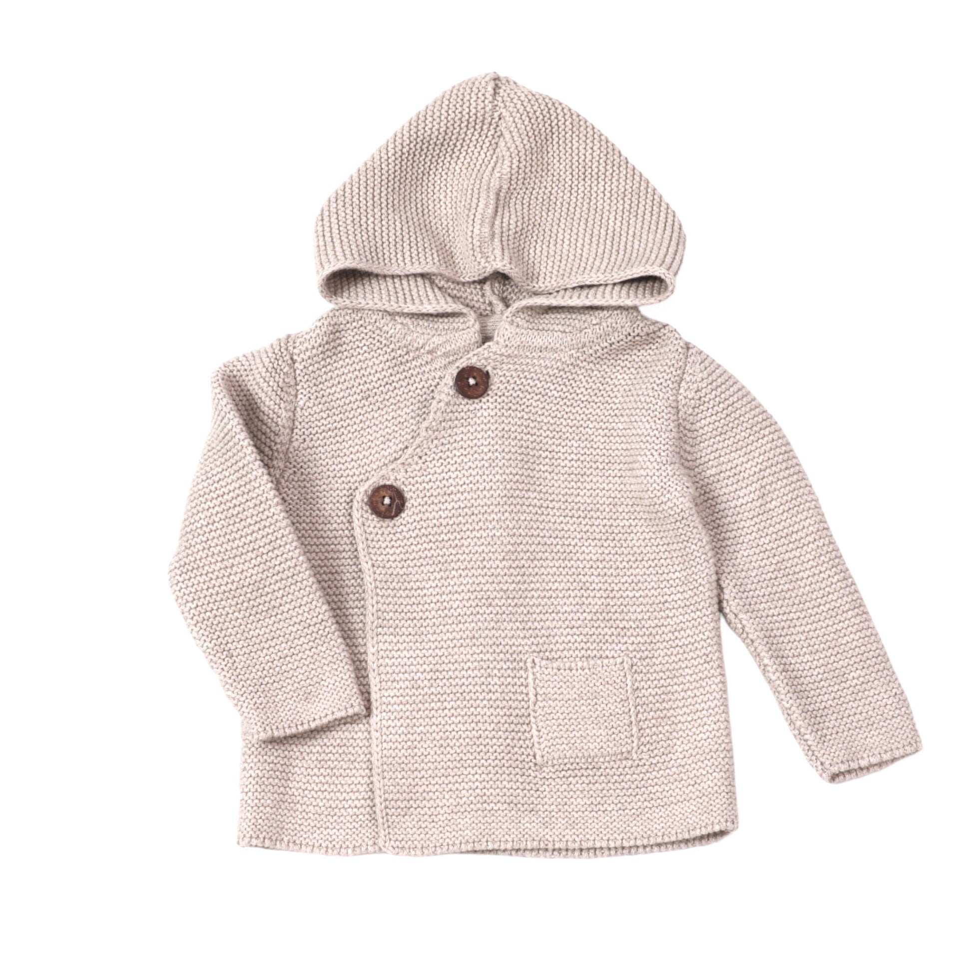 Hooded Button & Pocket Sweater Knit Baby Jacket (Organic Cotton) 