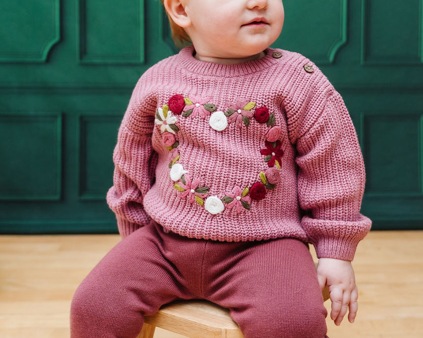 French Rose Heart Hand-Embroidered Slouchy Baby Sweater (Organic)