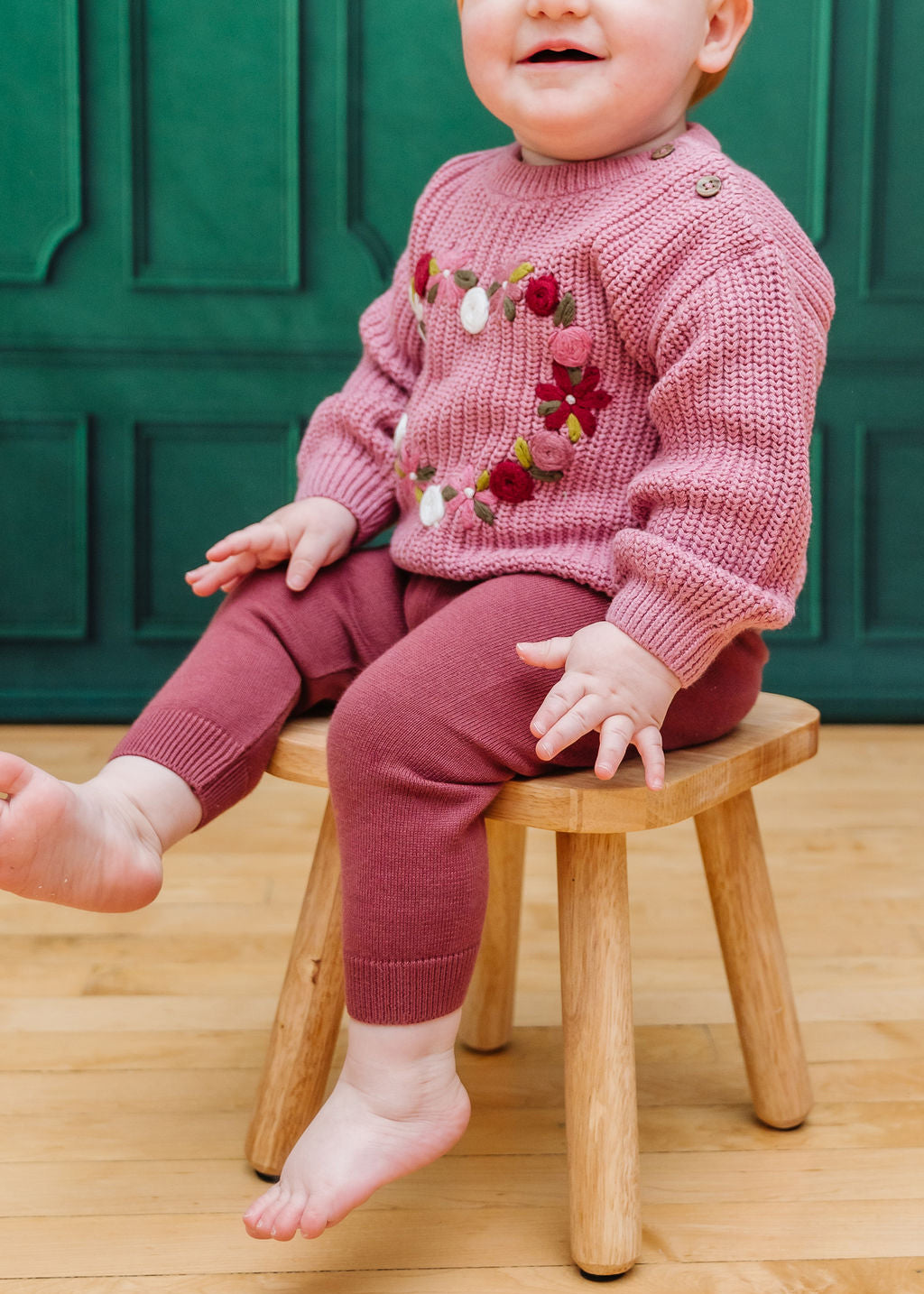 French Rose Heart Hand-Embroidered Slouchy Baby Sweater (Organic)