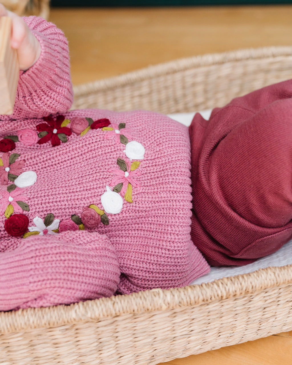 French Rose Heart Hand-Embroidered Slouchy Baby Sweater (Organic)