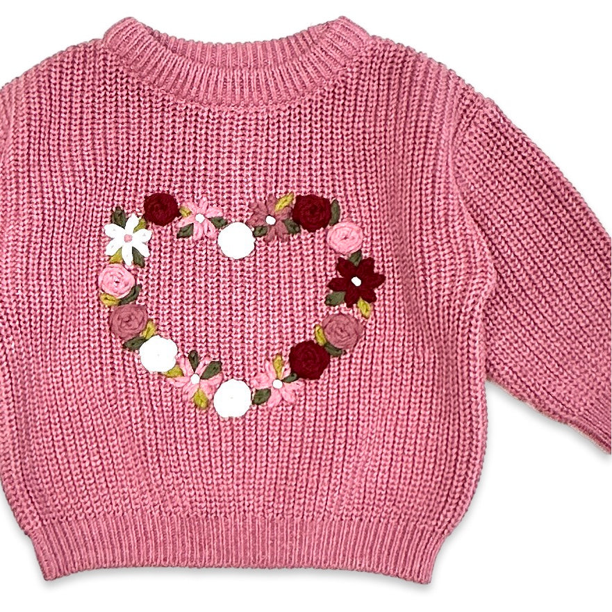 French Rose Heart Hand-Embroidered Slouchy Baby Sweater