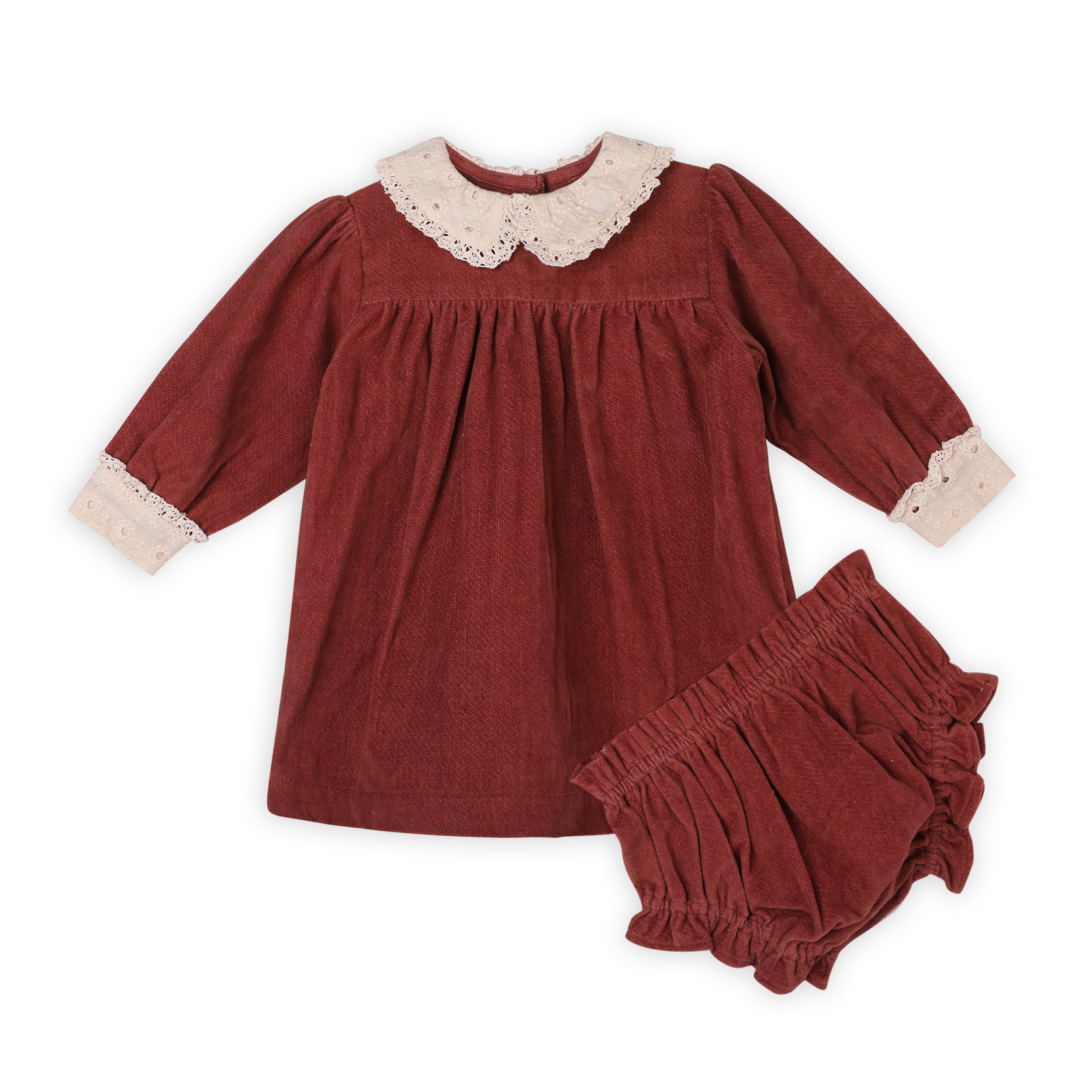 Conjunto de vestido y bombacho de terciopelo con cuello de encaje para niña (orgánico)