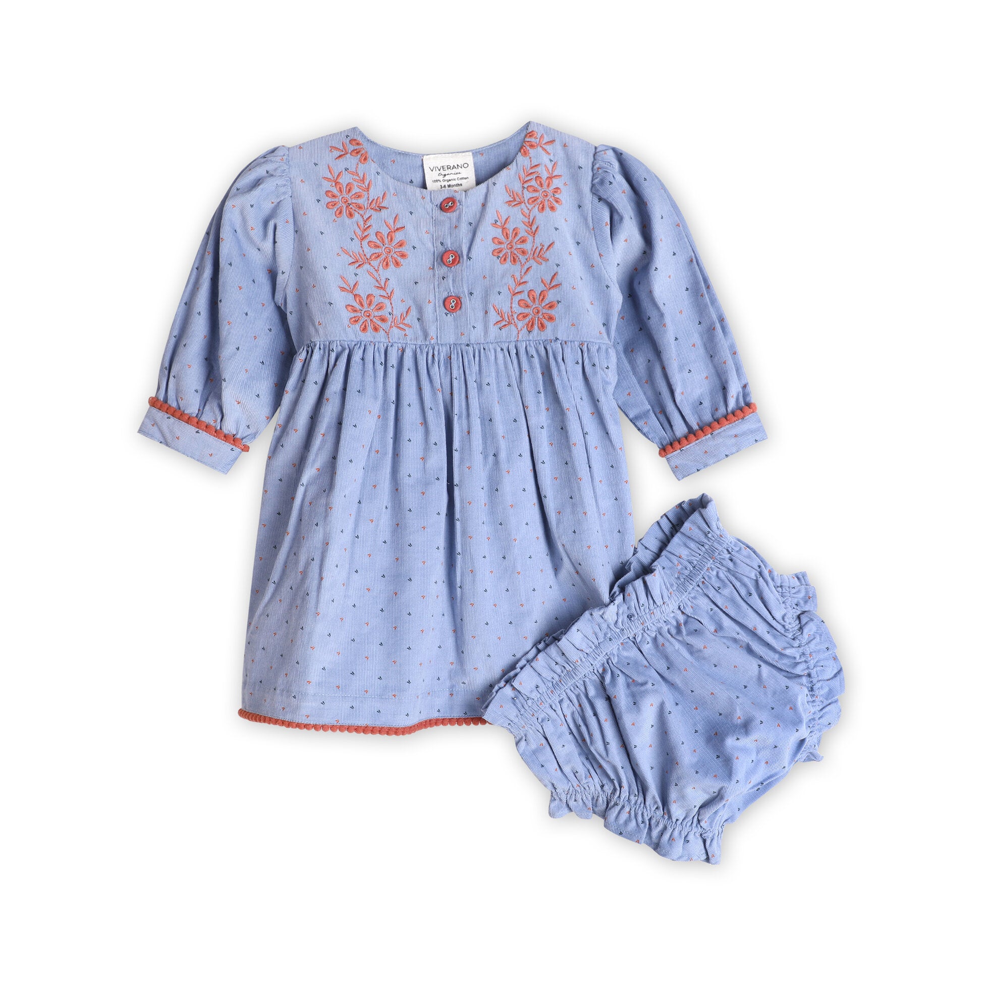 Embroidered Corduroy Tie Baby Dress & Fancy Bloomer Set (Organic)