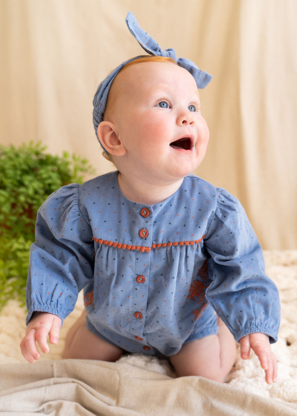 Floral Embroidered Corduroy Bubble Baby Romper (Organic)