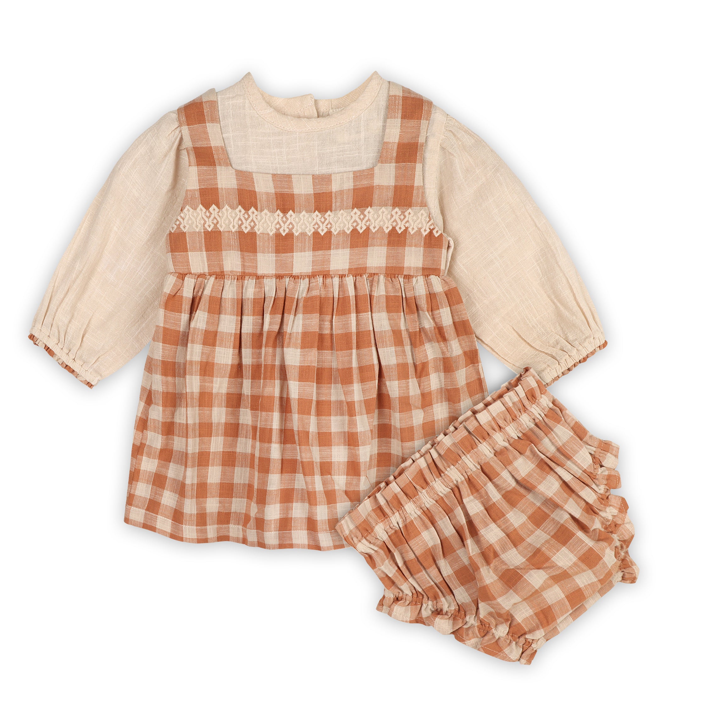 Pinafore Gingham Baby Dress, Slub Shirt & & Fancy Bloomer Set (Organic)