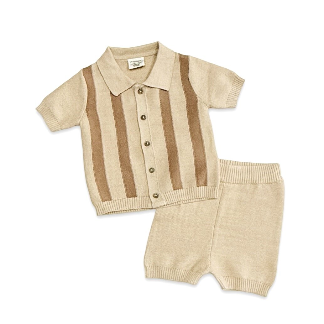 Tennis Collar & Stripe Knit Top & Shorts Set (Organic Cotton) 