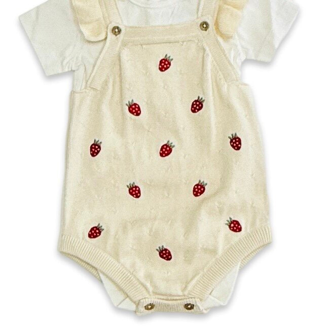 Strawberry Embroidered Knit Baby Ruffle Romper Set (Organic Cotton)