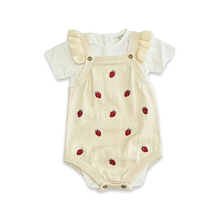 Strawberry Embroidered Knit Baby Ruffle Romper Set (Organic Cotton)