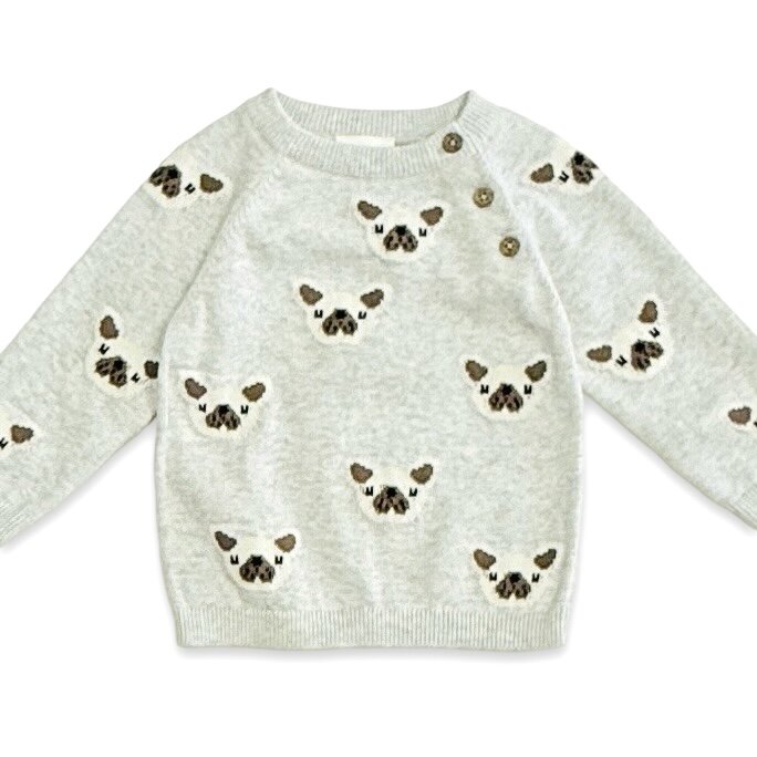 Frenchie Puppy Jacquard Knit Baby Raglan Pullover Sweater + Pant SET (Organic Cotton)