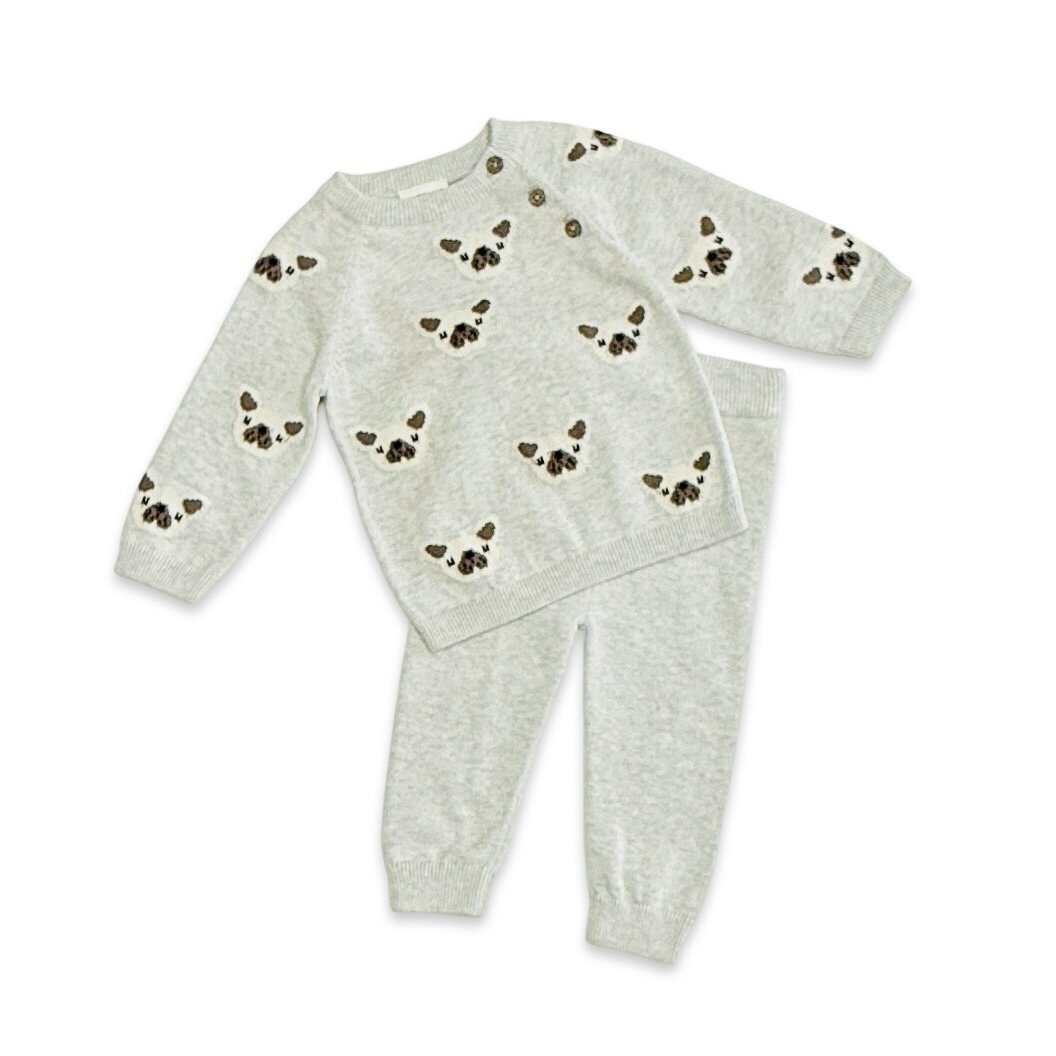 Frenchie Puppy Jacquard Knit Baby Raglan Pullover Sweater + Pant SET (Organic Cotton)