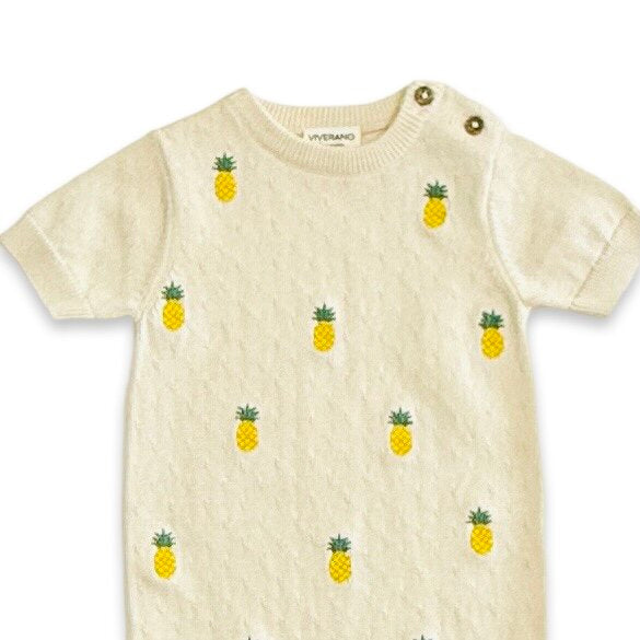 Pineapple Embroidered Pointelle Knit Short Sleeve Baby Romper (Organic Cotton)