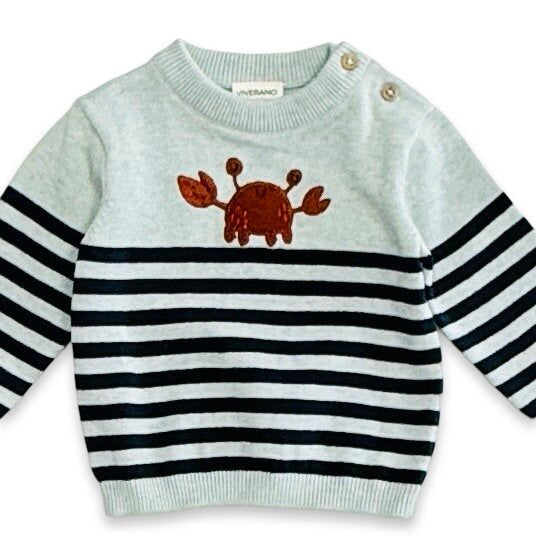 Crab Embroidered & Stripe Knit Baby Pullover (Organic Cotton)