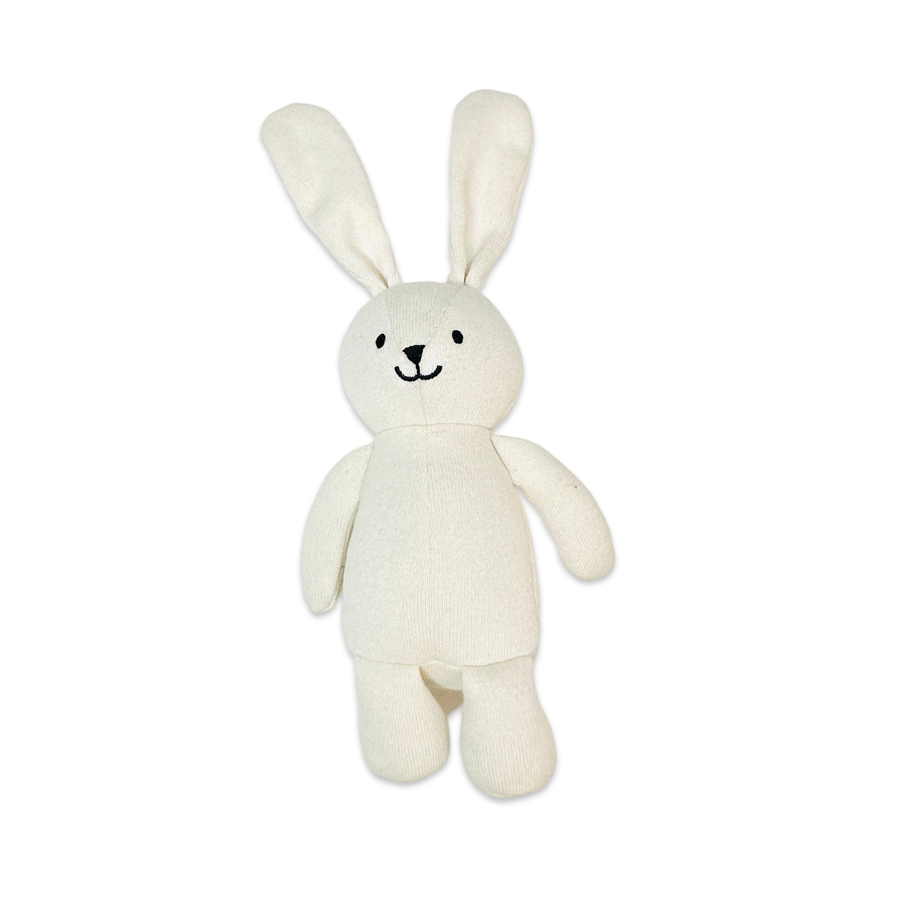 Bunny rabbit knitted toy. Plush doll for children. Soft, cuddly baby high quality toy.