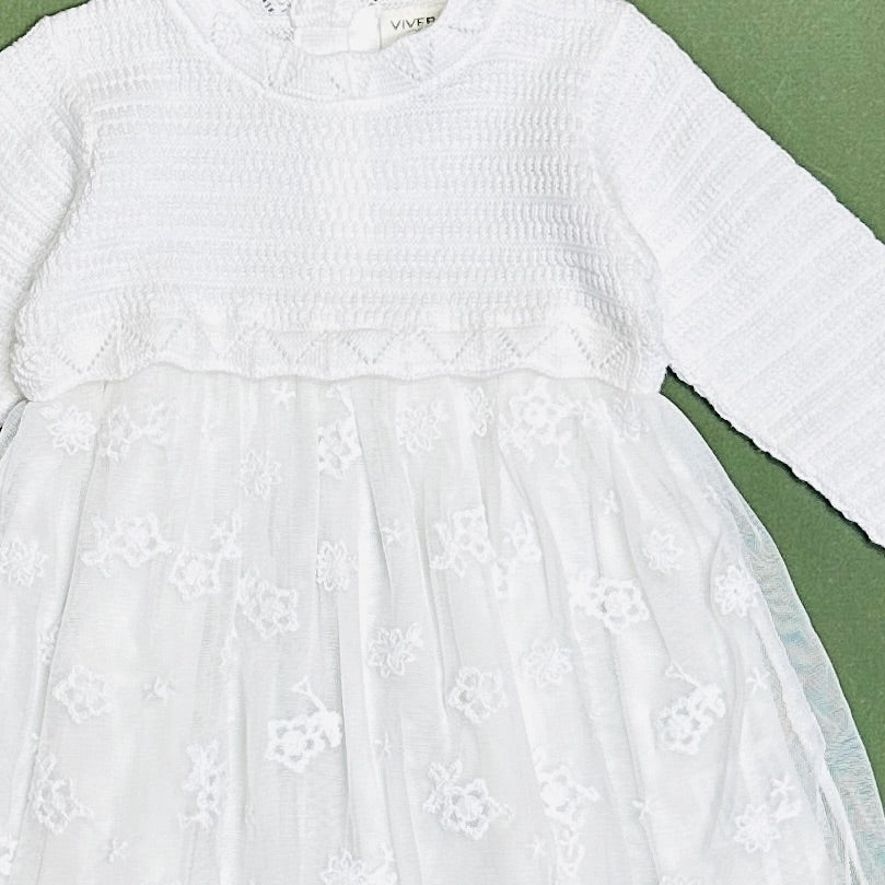 Milan Dove White Floral Embroidered Tutu Knit Baby Dress (Organic)