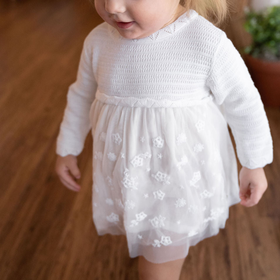 Milan Dove White Floral Embroidered Tutu Knit Baby Dress (Organic)