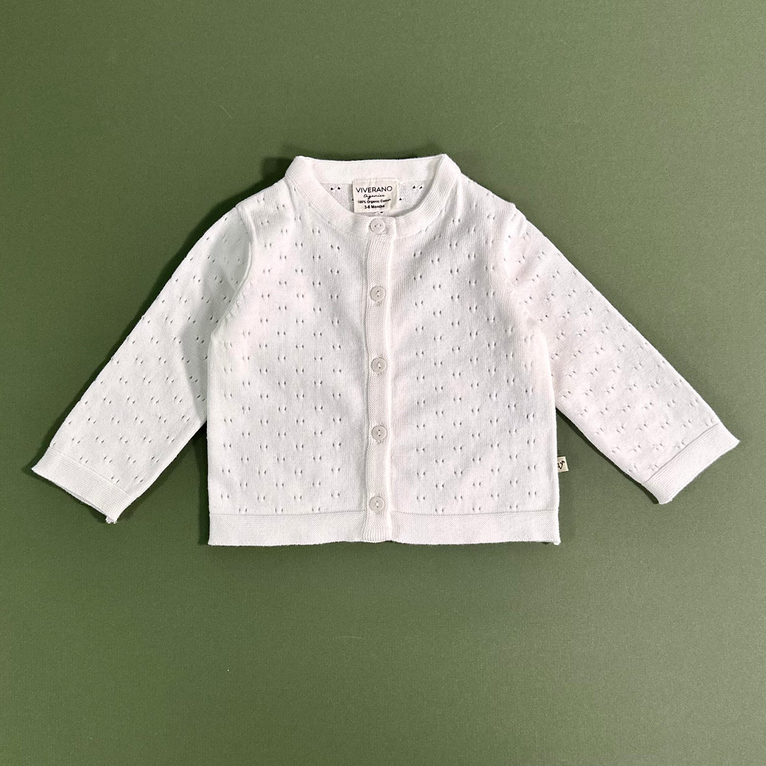 Milan Dove White Pointelle Knit Baby Cardigan (Organic) by Viverano Organics