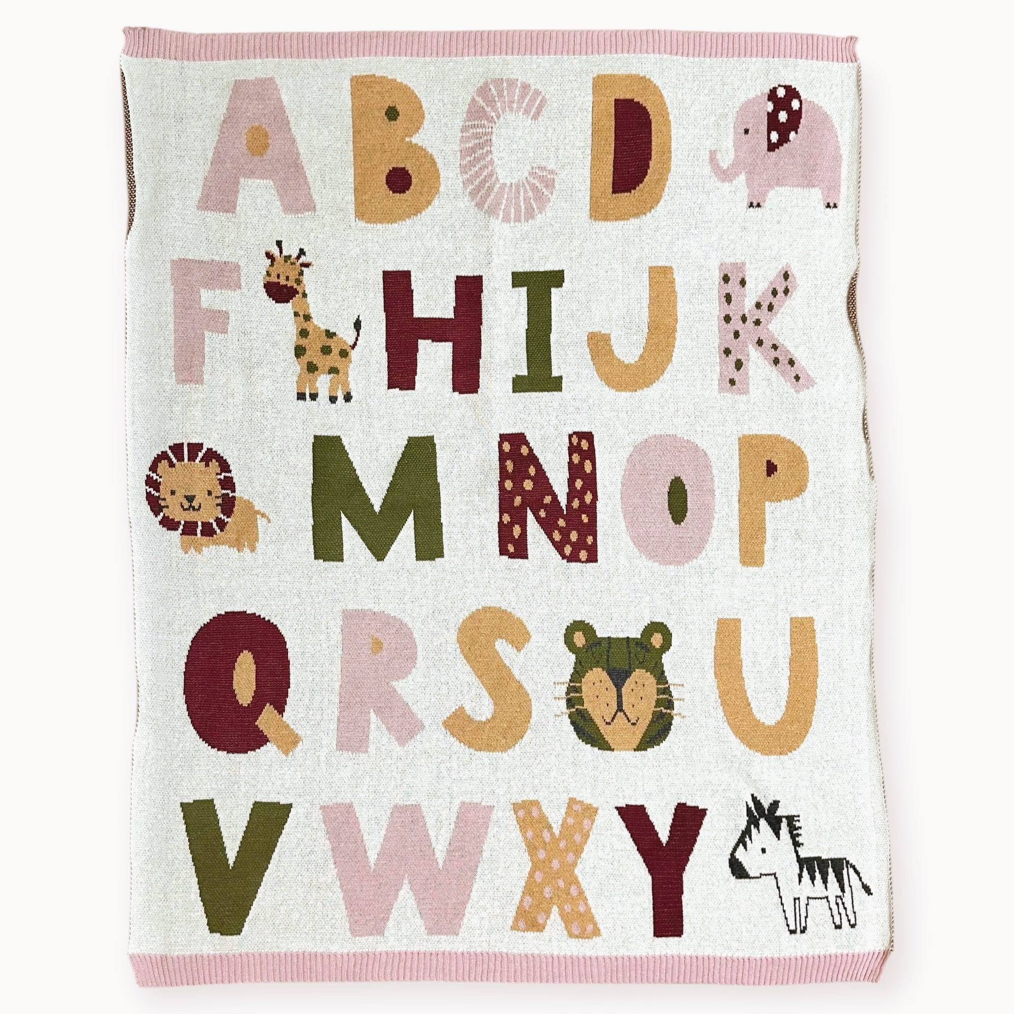 Alphabet Blush - Organic Cotton Jacquard Sweater Knit Baby Blankets