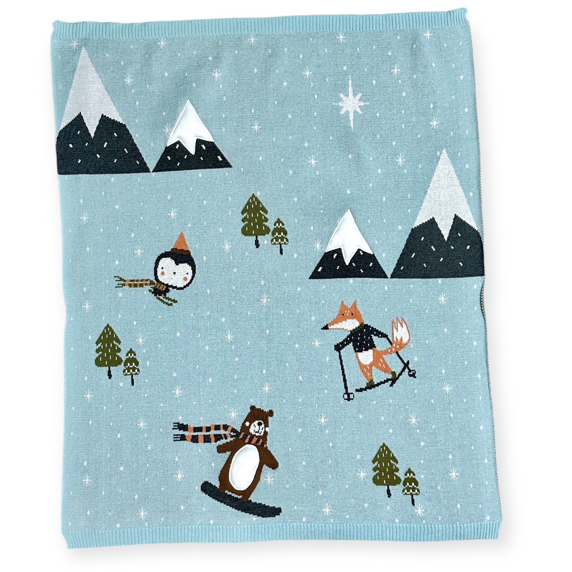 Fox & Bear Ski 3D - Organic Cotton Jacquard Sweater Knit Baby Blankets