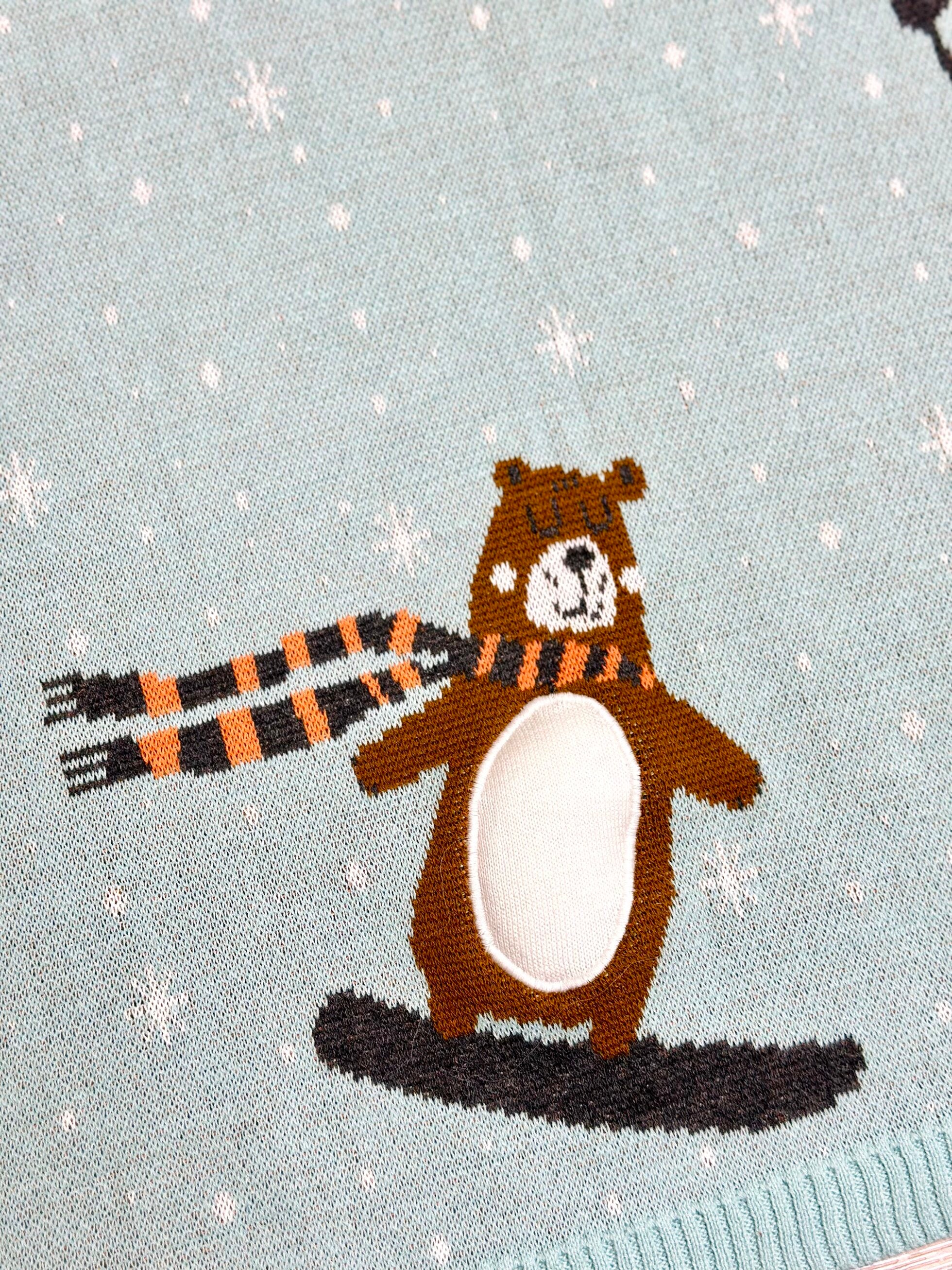 Fox & Bear Ski 3D - Organic Cotton Jacquard Sweater Knit Baby Blankets