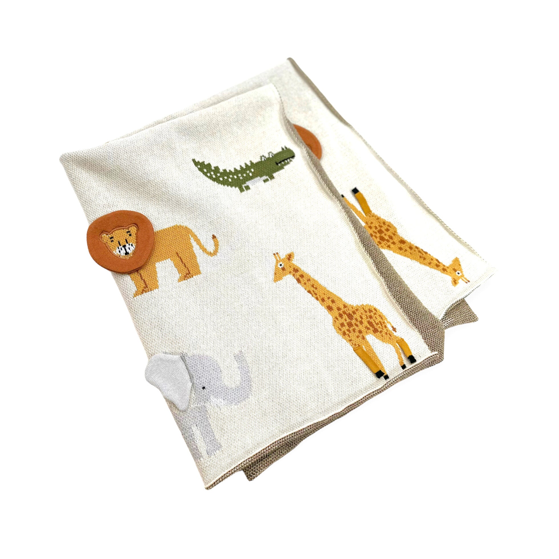 Savannah Safari Elephant Gator Giraffe - 3D Jacquard Sweater Knit Organic Cotton Baby Blankets