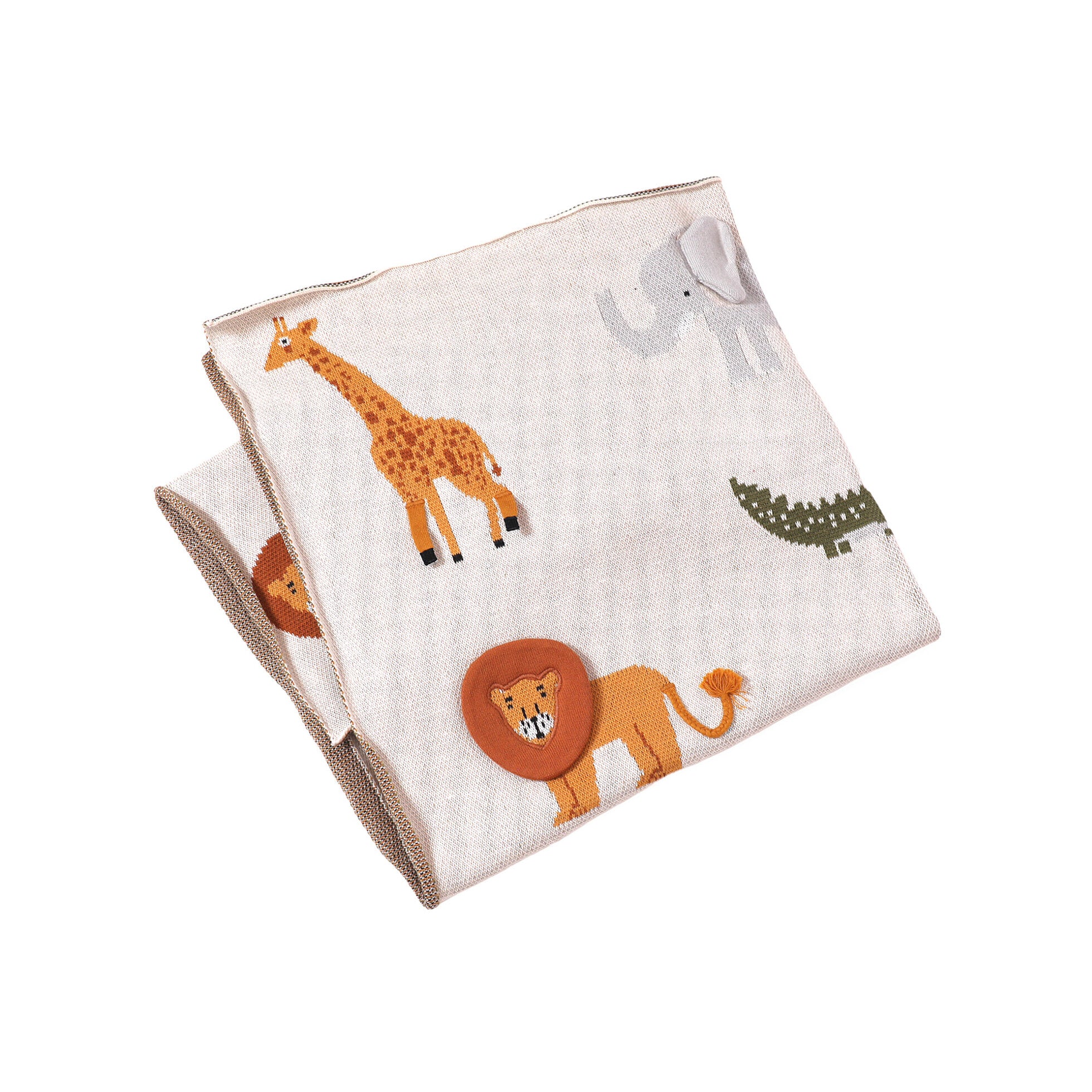 Savannah Safari Elephant Gator Giraffe - 3D Jacquard Sweater Knit Organic Cotton Baby Blankets