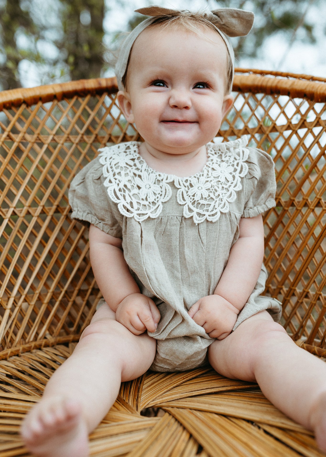 Alba Embroidered Collar Linen Baby Romper (Natural Linen)