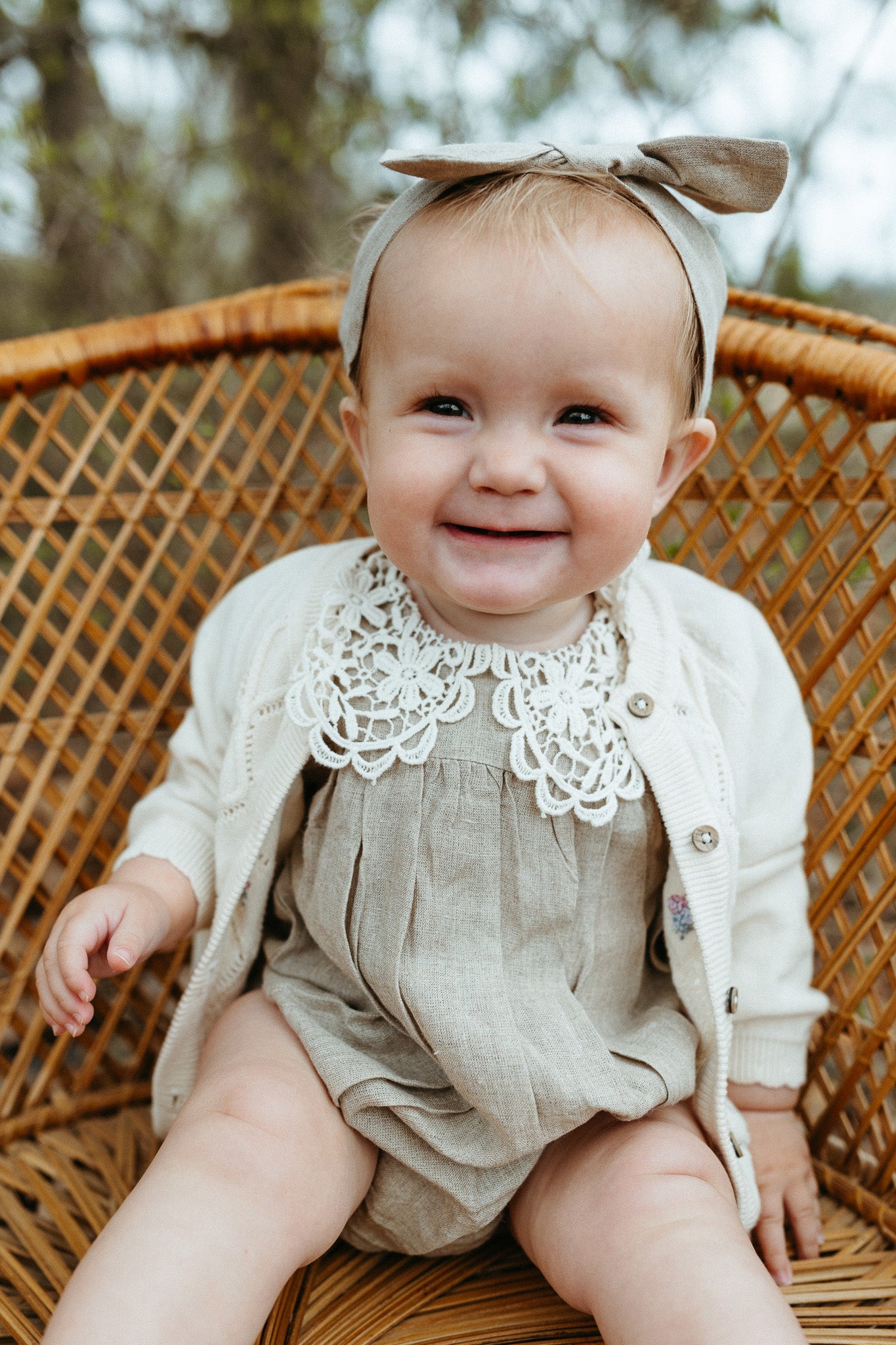 Alba Embroidered Collar Linen Baby Romper (Natural Linen)