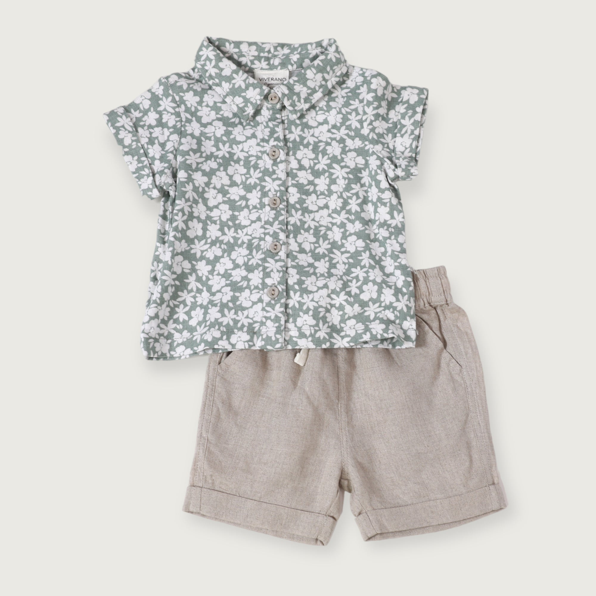 Gabriel Baby Floral Linen Shirt & Shorts 2 pc Set (Natural Linen)