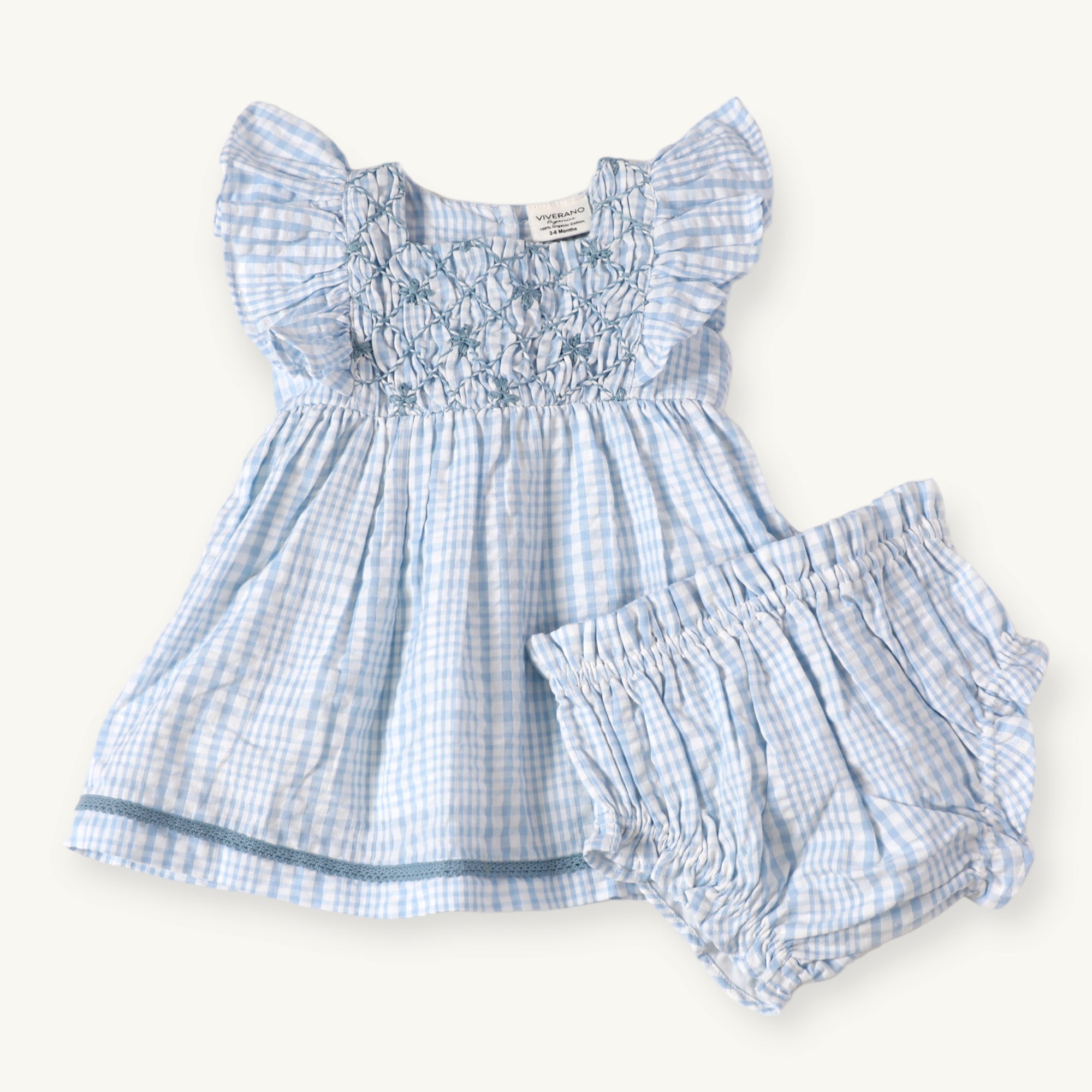 Anna Hand Smocked Seersucker Baby Dress+Bloomer (Organic Cotton)