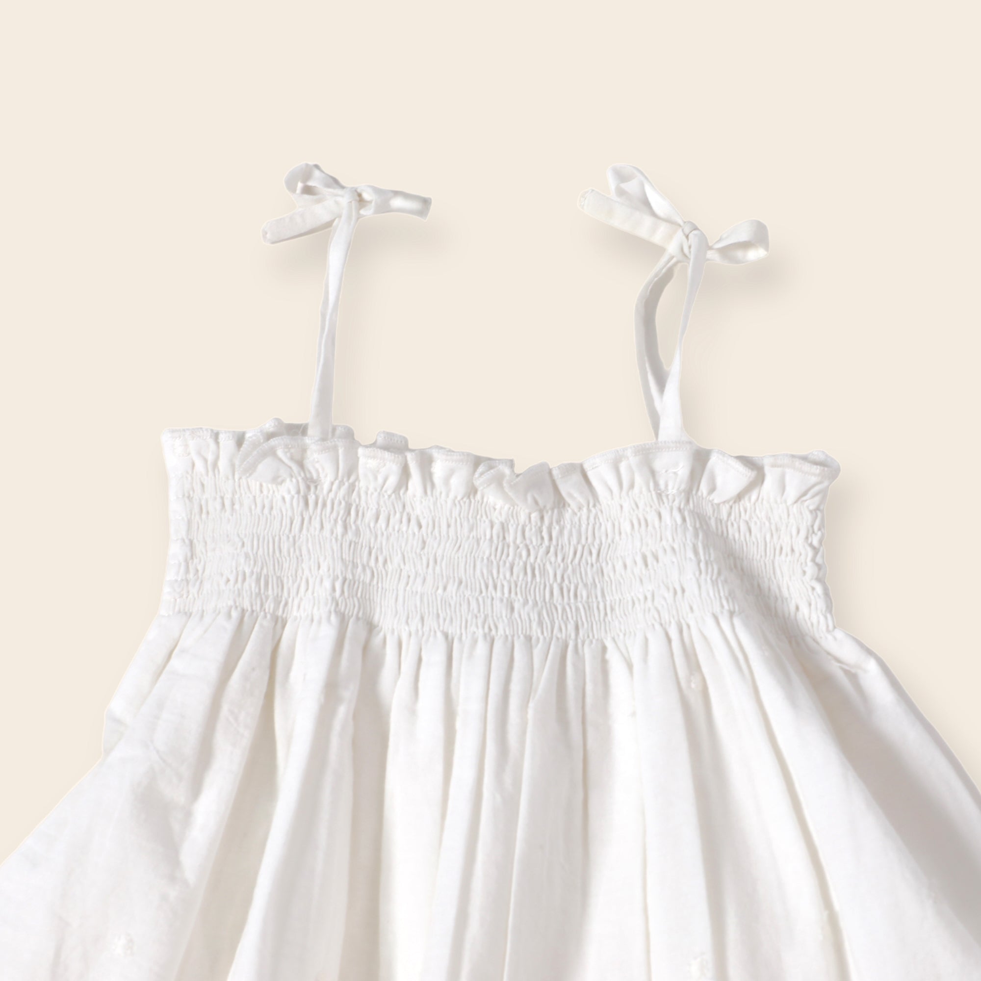 Camille White Schiffli Smocked Shoulder Tie Baby Dress + Bloomer