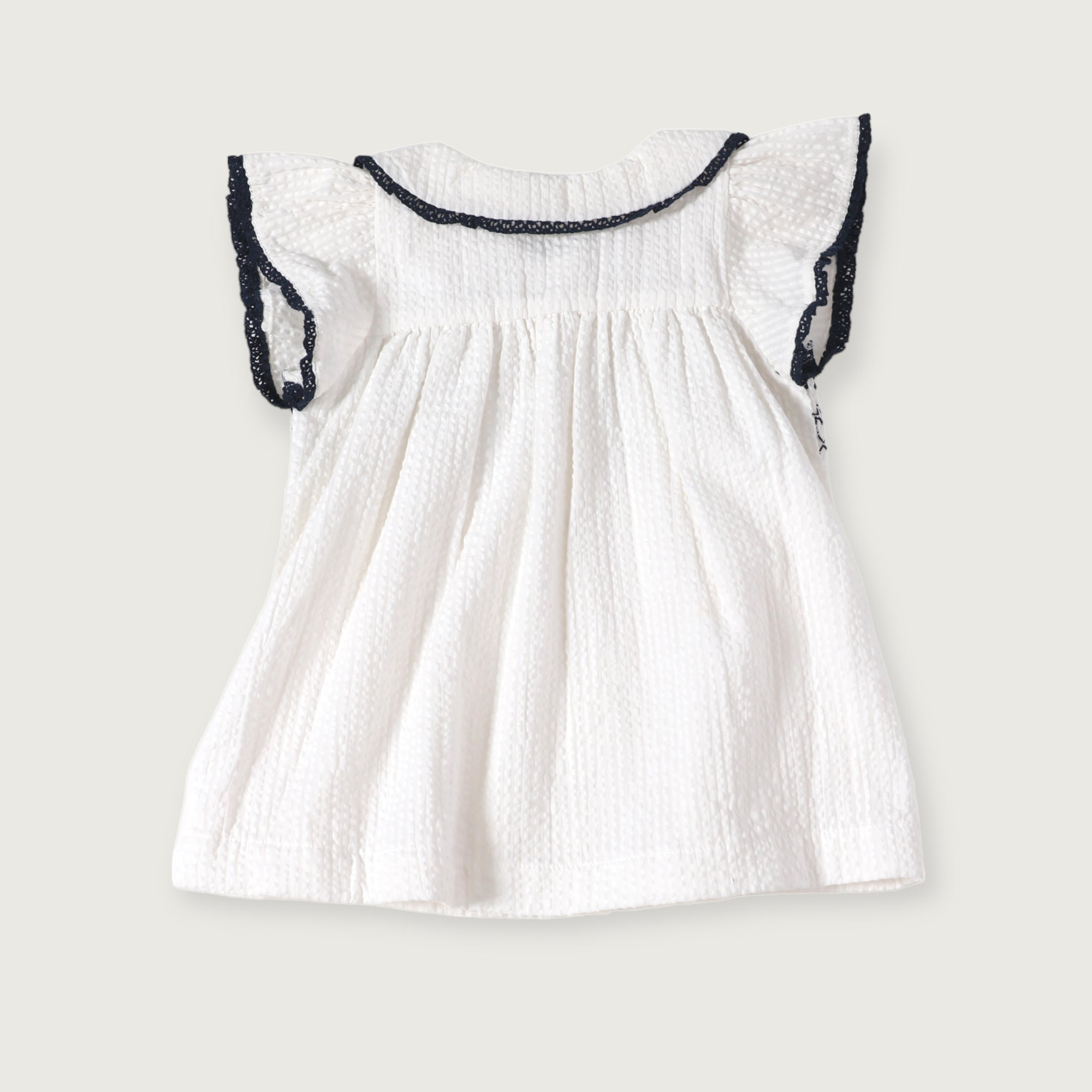 Celine White Seersucker Smocked Baby Dress + Bloomer (Organic Cotton)