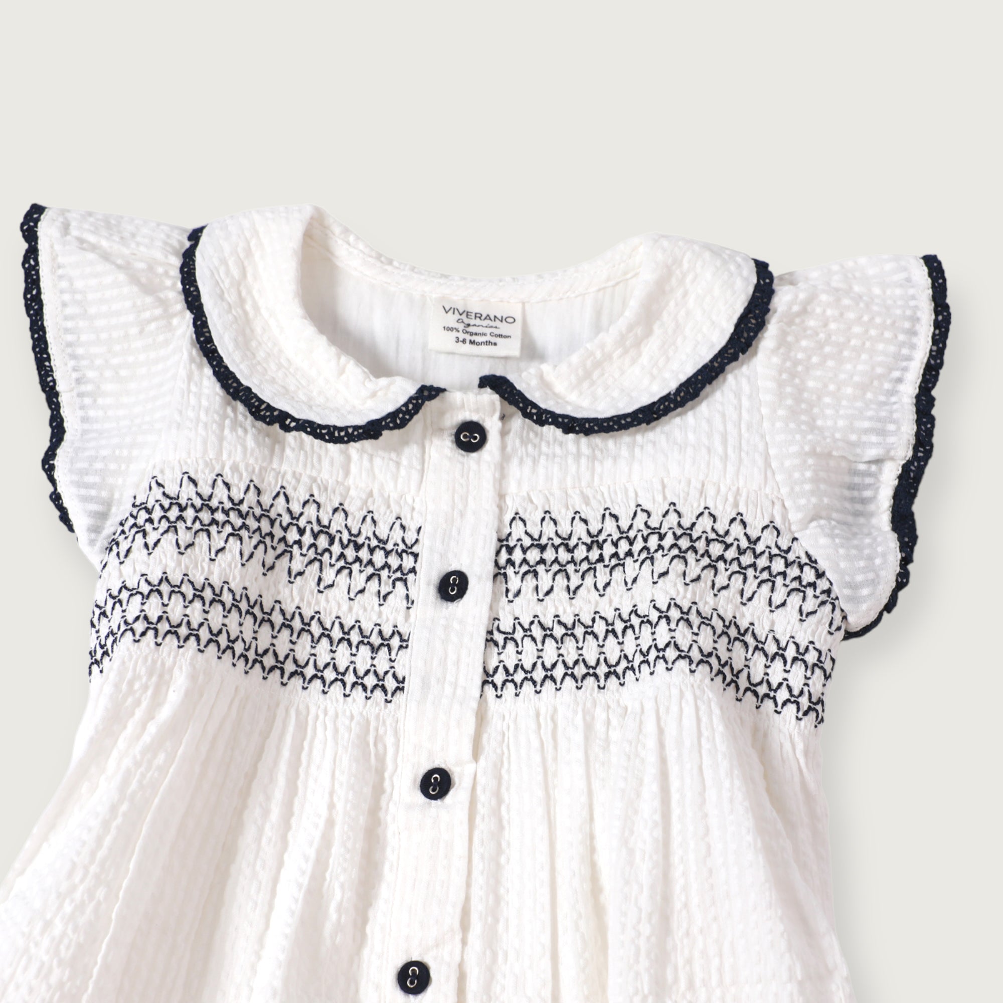 Celine White Seersucker Smocked Baby Dress + Bloomer (Organic Cotton)