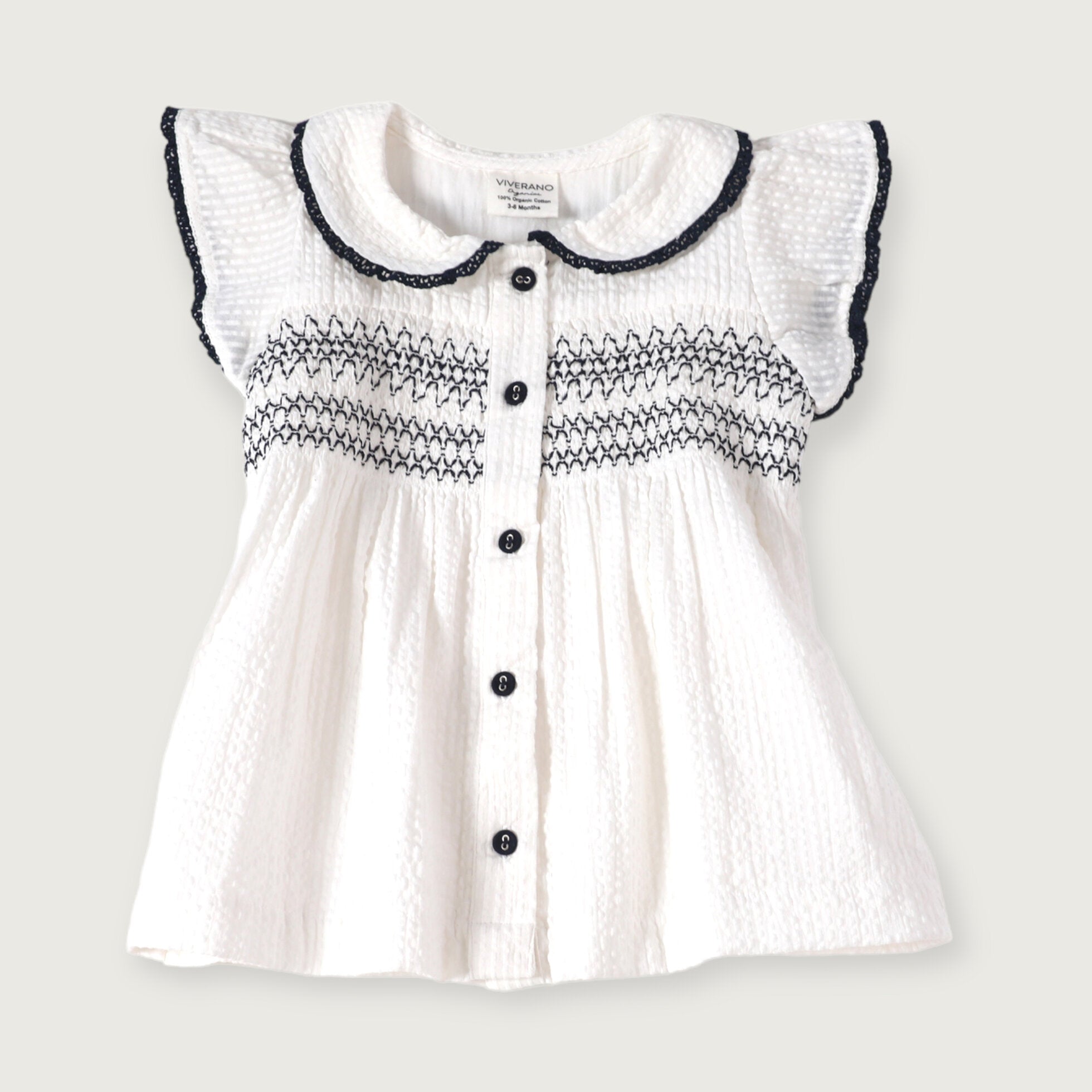 Celine White Seersucker Smocked Baby Dress + Bloomer (Organic Cotton)