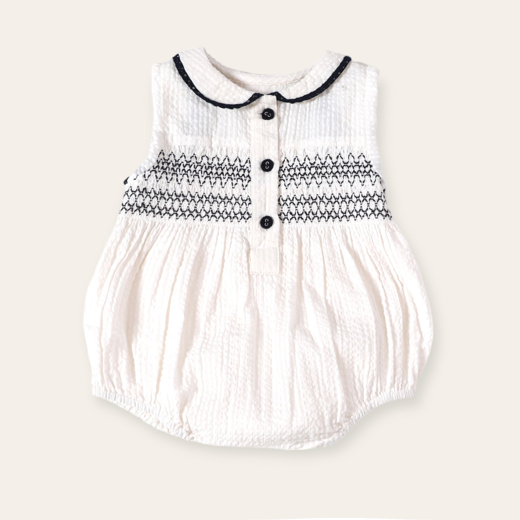 Robin Seersucker Smocked Bubble Baby Romper (Organic Cotton)