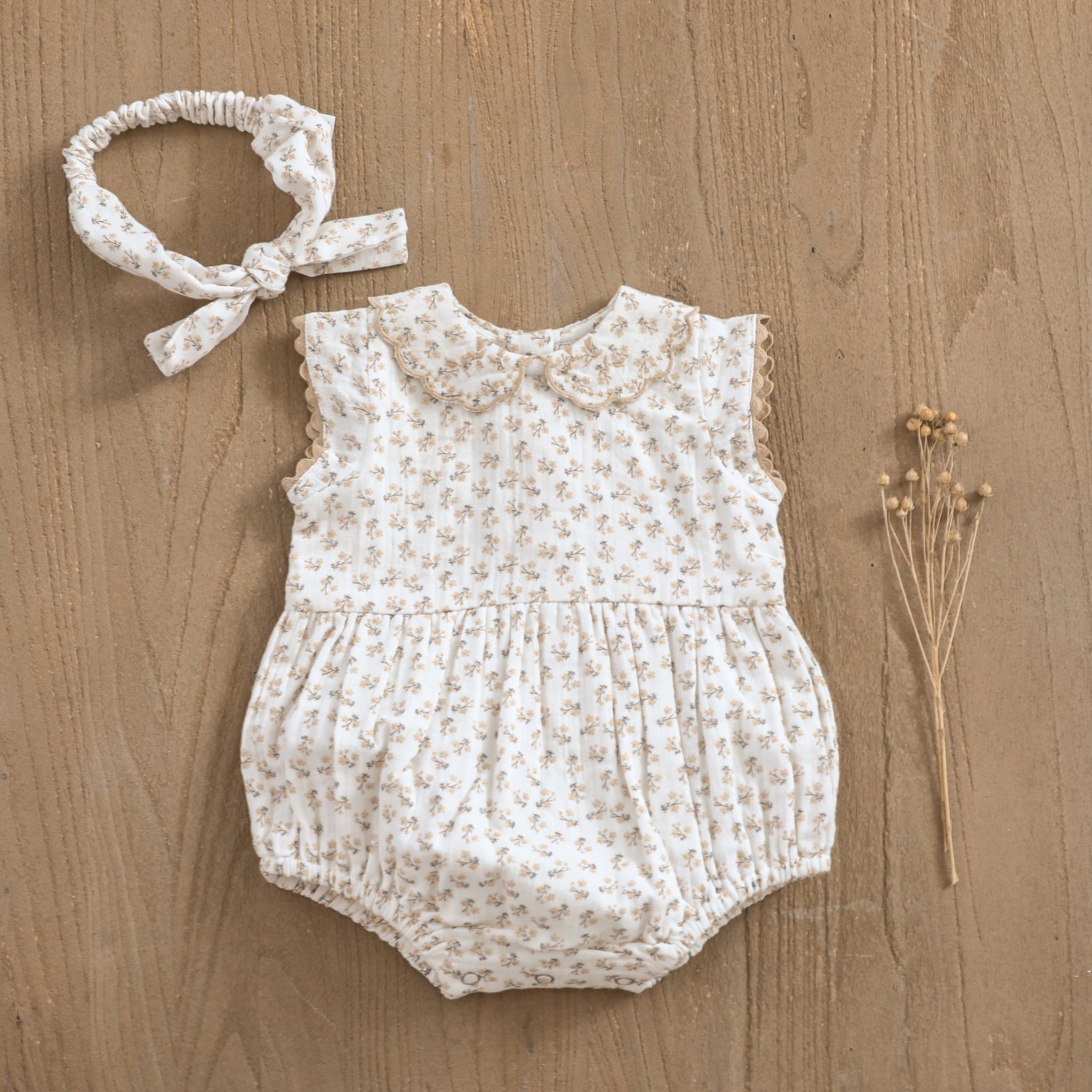 Olivia Floral Embroidered Collar Sleeveless Baby Bubble Romper (Organic Muslin)