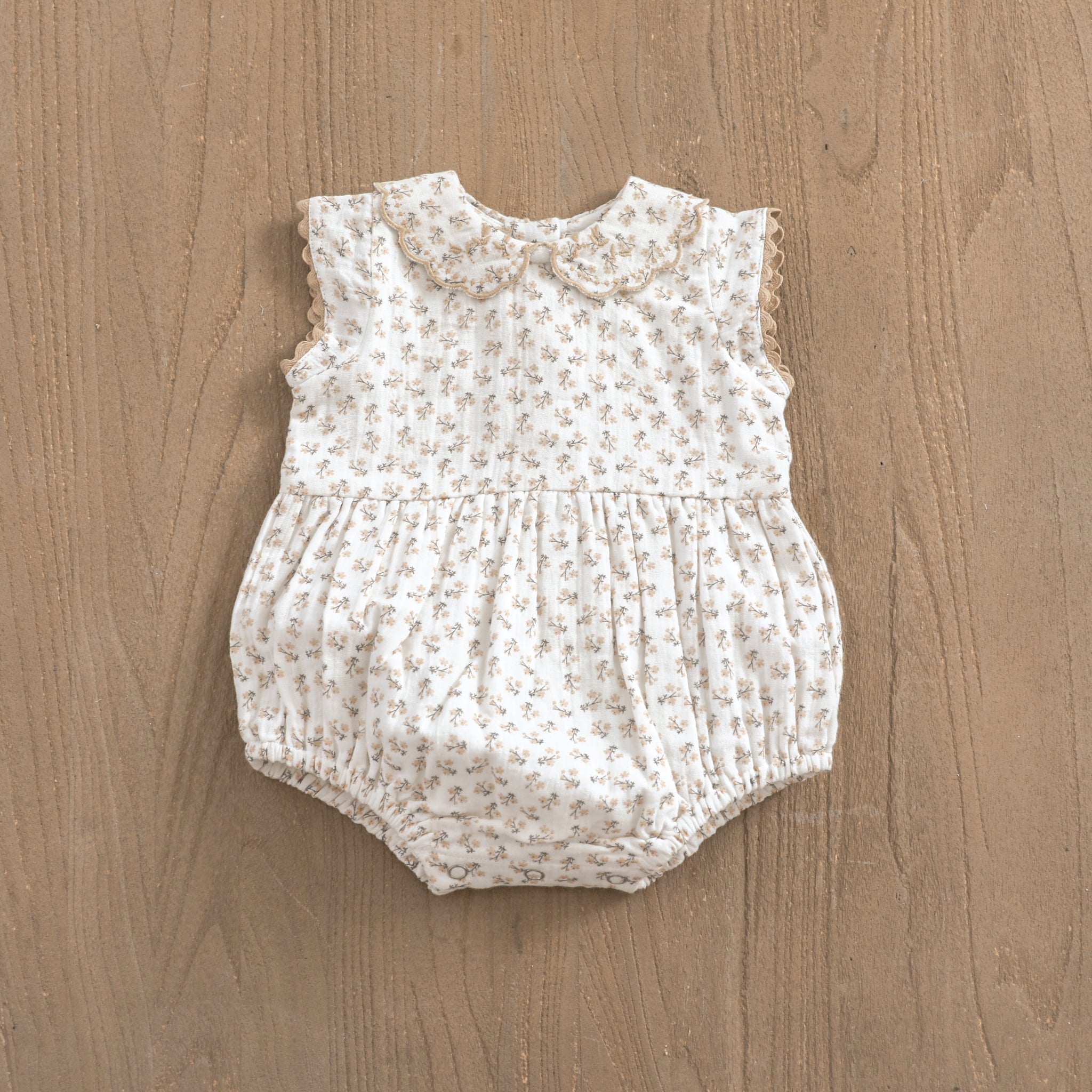 Olivia Floral Embroidered Collar Sleeveless Baby Bubble Romper (Organic Muslin)