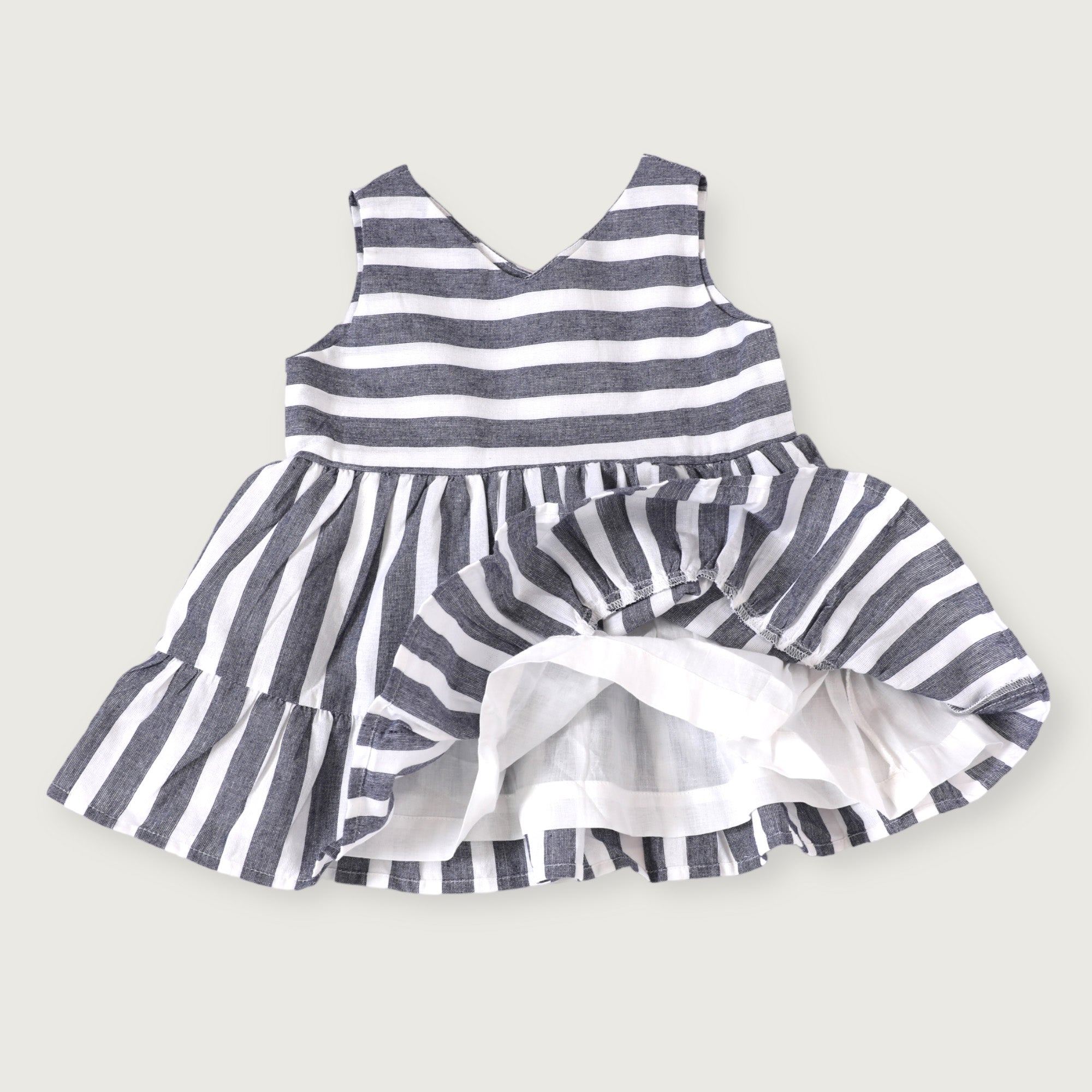 Lina Blue Stripe 2 Tier Sleeveless Baby Dress + Bloomer (Organic Cotton)