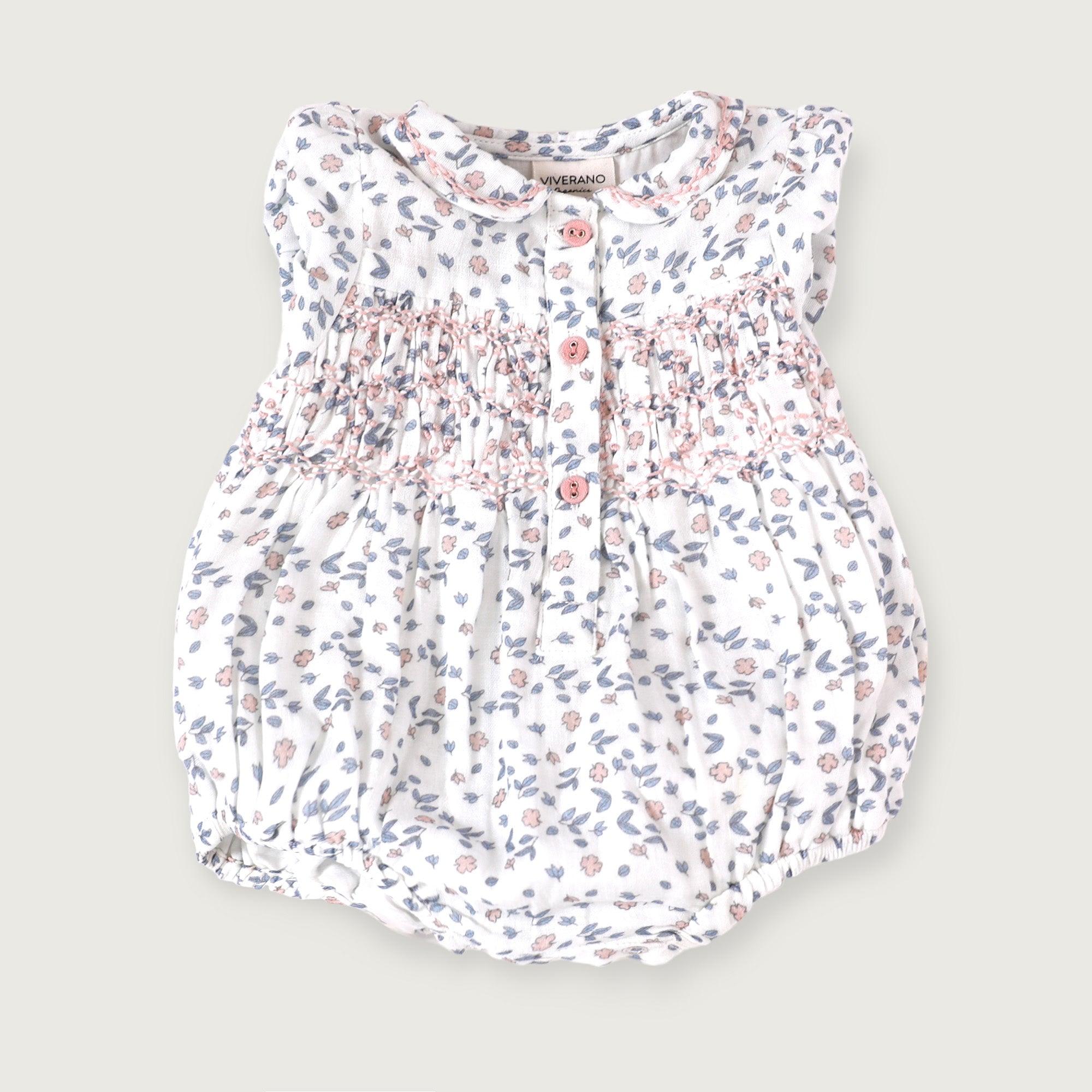 Sophia Floral Hand-Smocked Bubble Baby Romper (Organic Muslin)