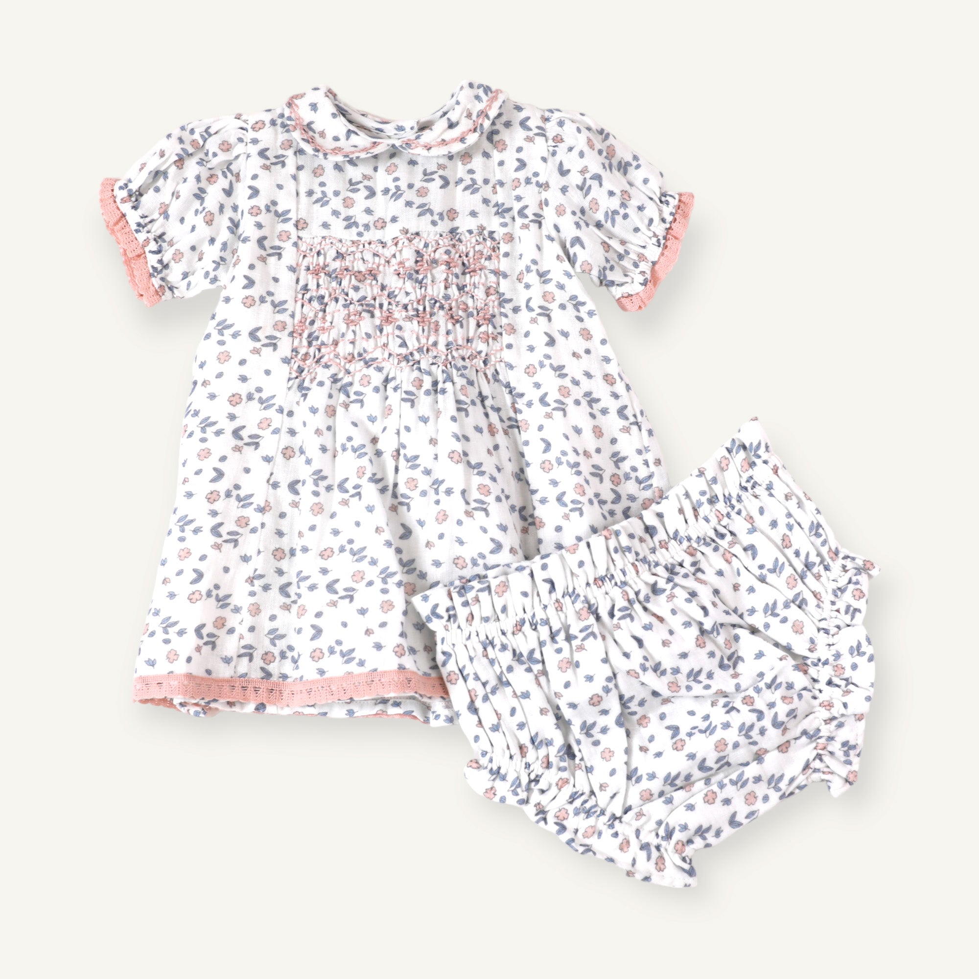 Charlotte Floral Hand-Smocked Baby Dress + Bloomer (Organic Muslin)